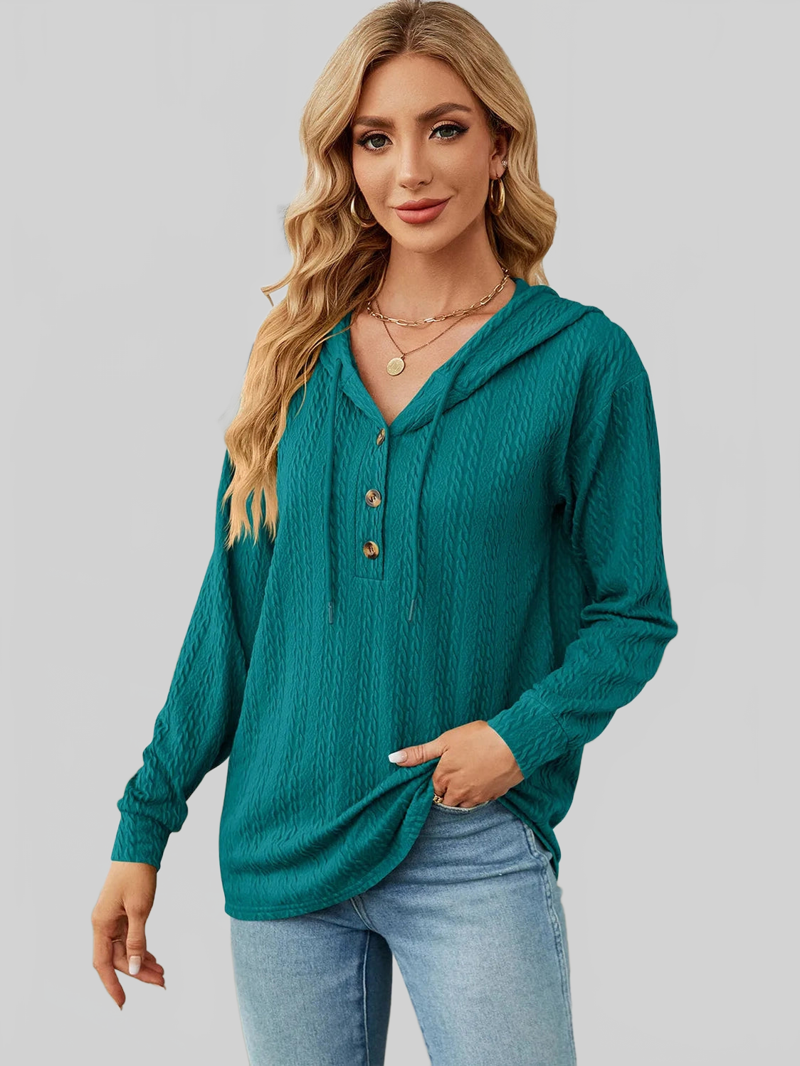 Drawstring Half Button Long Sleeve Hoodie nicholesgifts