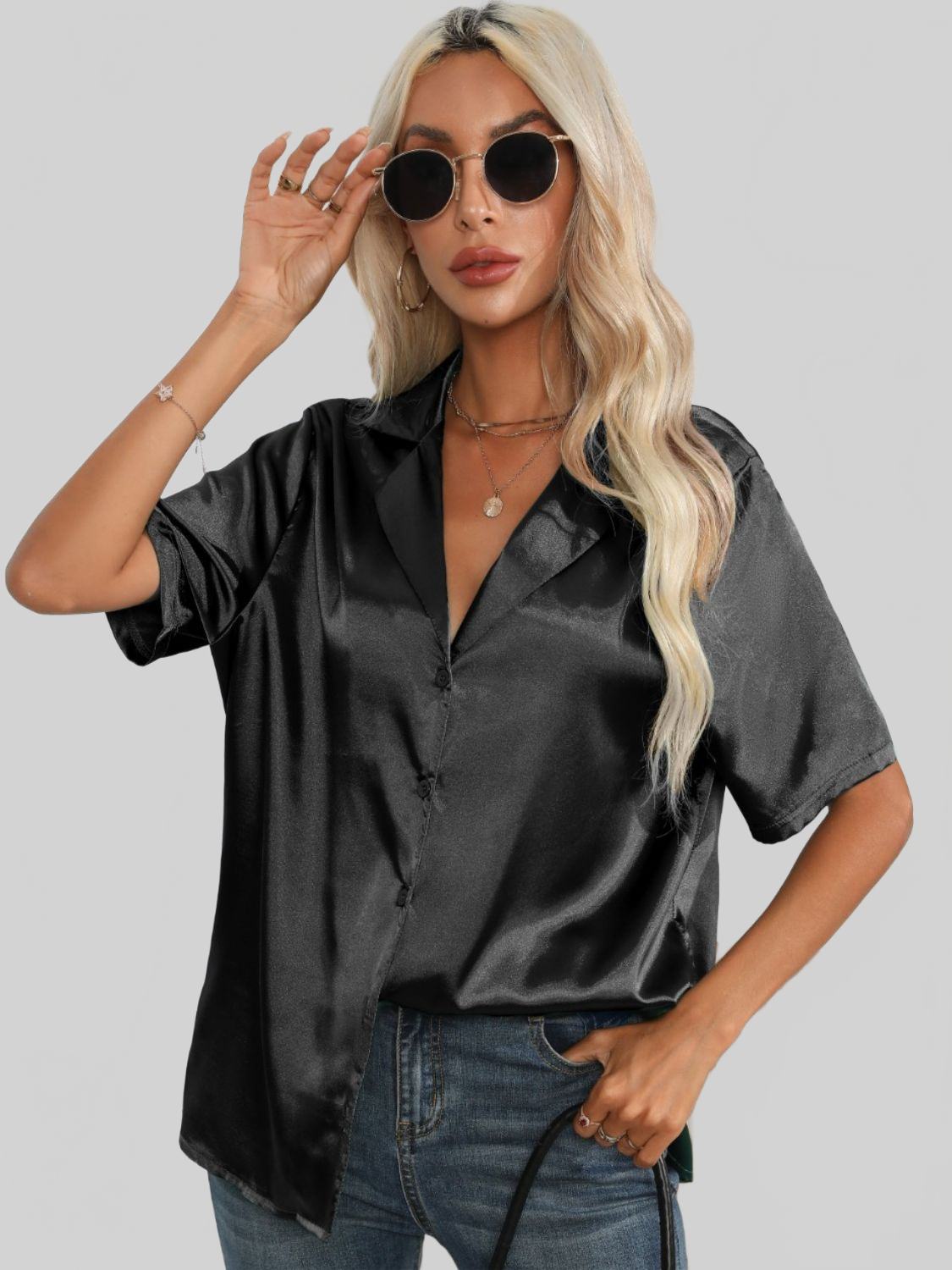 Women Button Up Collared Neck Shirt nicholesgifts
