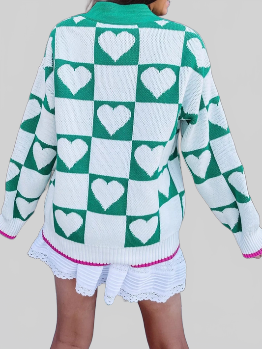 Plaid Heart Knit V Neck Button Down Sweater Cardigan nicholesgifts