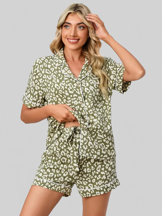 Full Size Leopard Short Sleeve Top and Shorts Lounge Set Plus Size nicholesgifts