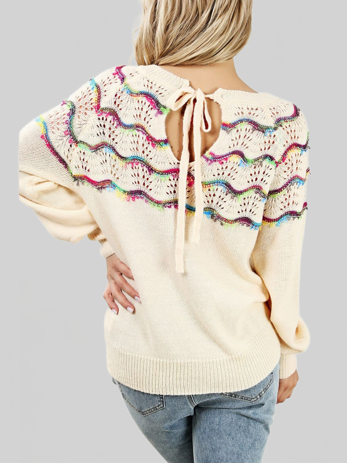 Women Openwork Wavy Striped Round Neck Sweater nicholesgifts