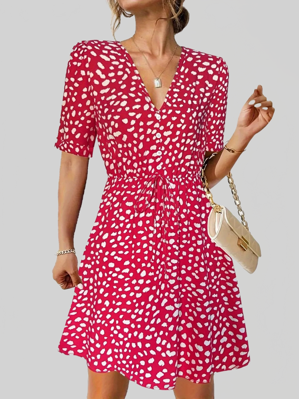 Printed V-Neck Short Sleeve Mini Dress nicholesgifts
