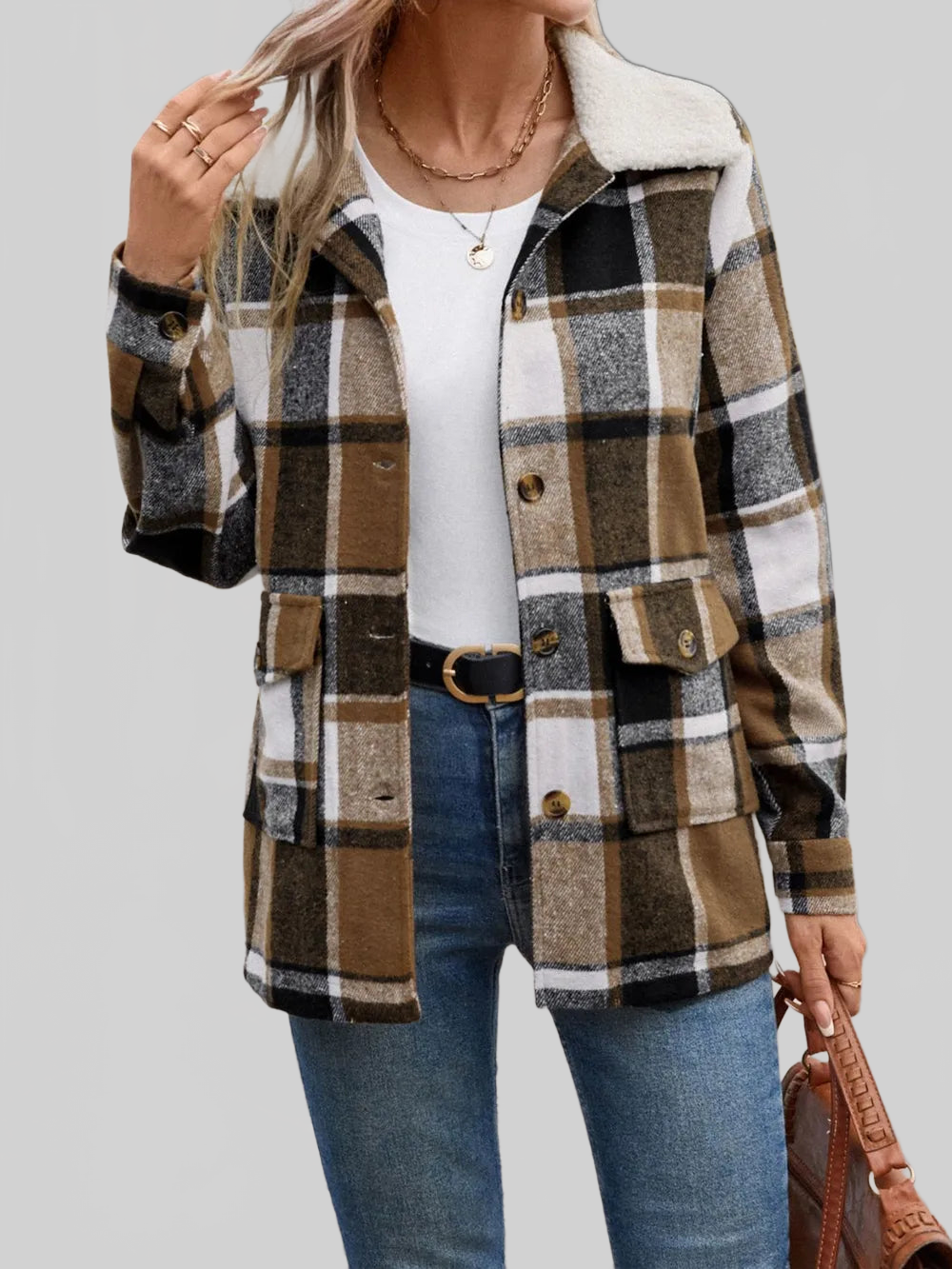 Perfee Pocketed Plaid Button Up Collared Neck Jacket nicholesgifts