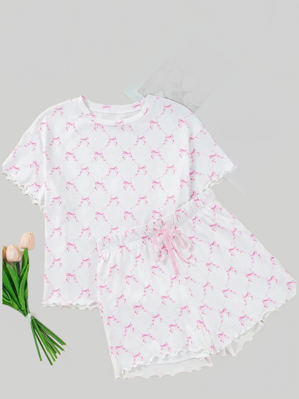 Bow Print Lettuce Trim Round Neck Top and Shorts Lounge Set nicholesgifts