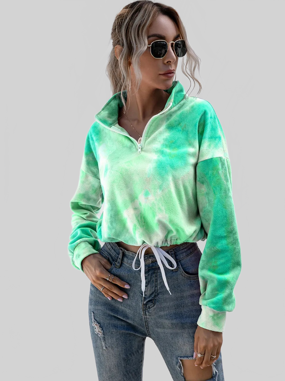 Women Ivy Lane Tie-Dye Quarter Zip Dropped Shoulder Sweatshirt nicholesgifts