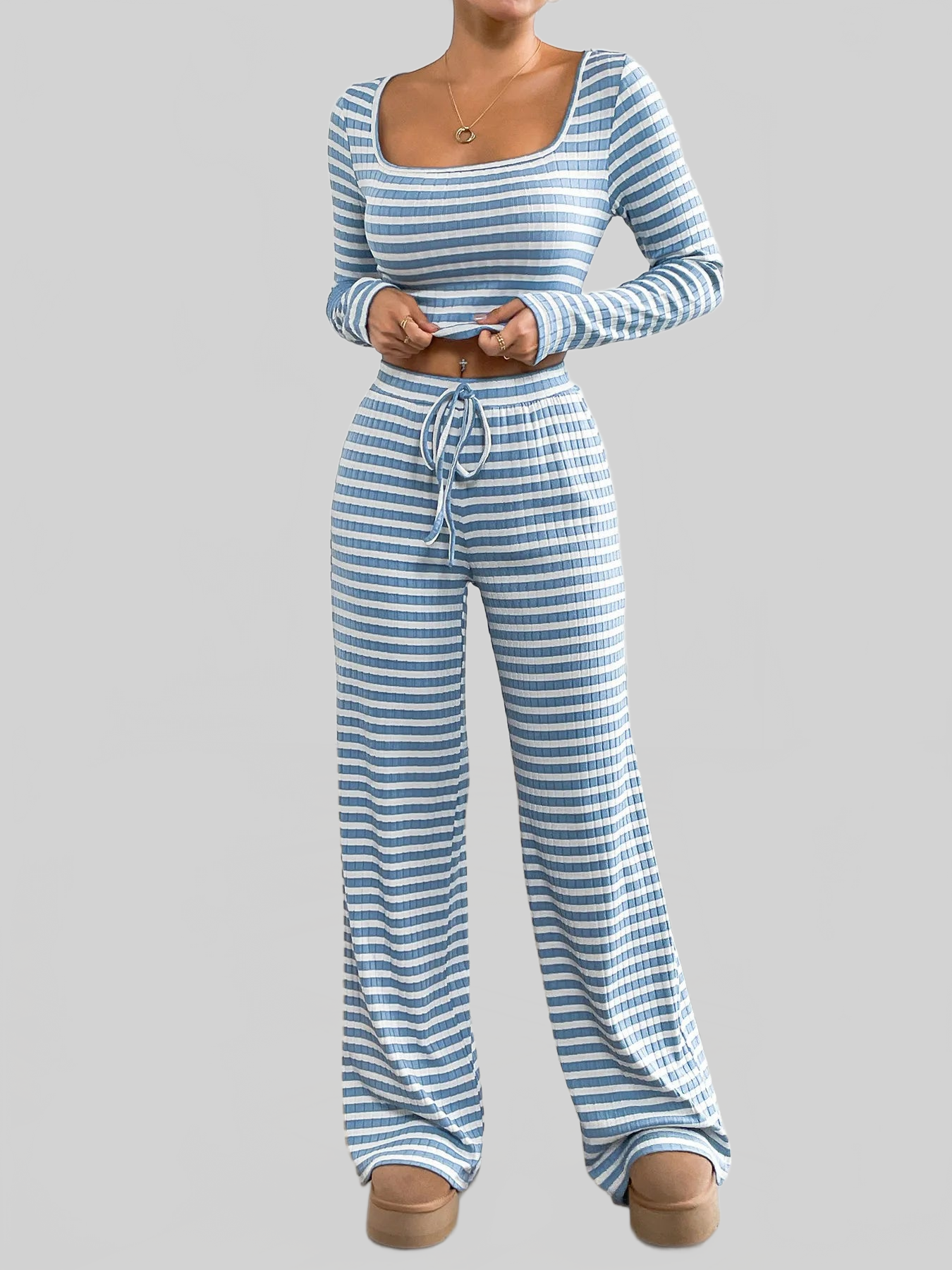 Striped Square Neck Long Sleeve Top and Pants Lounge Set nicholesgifts