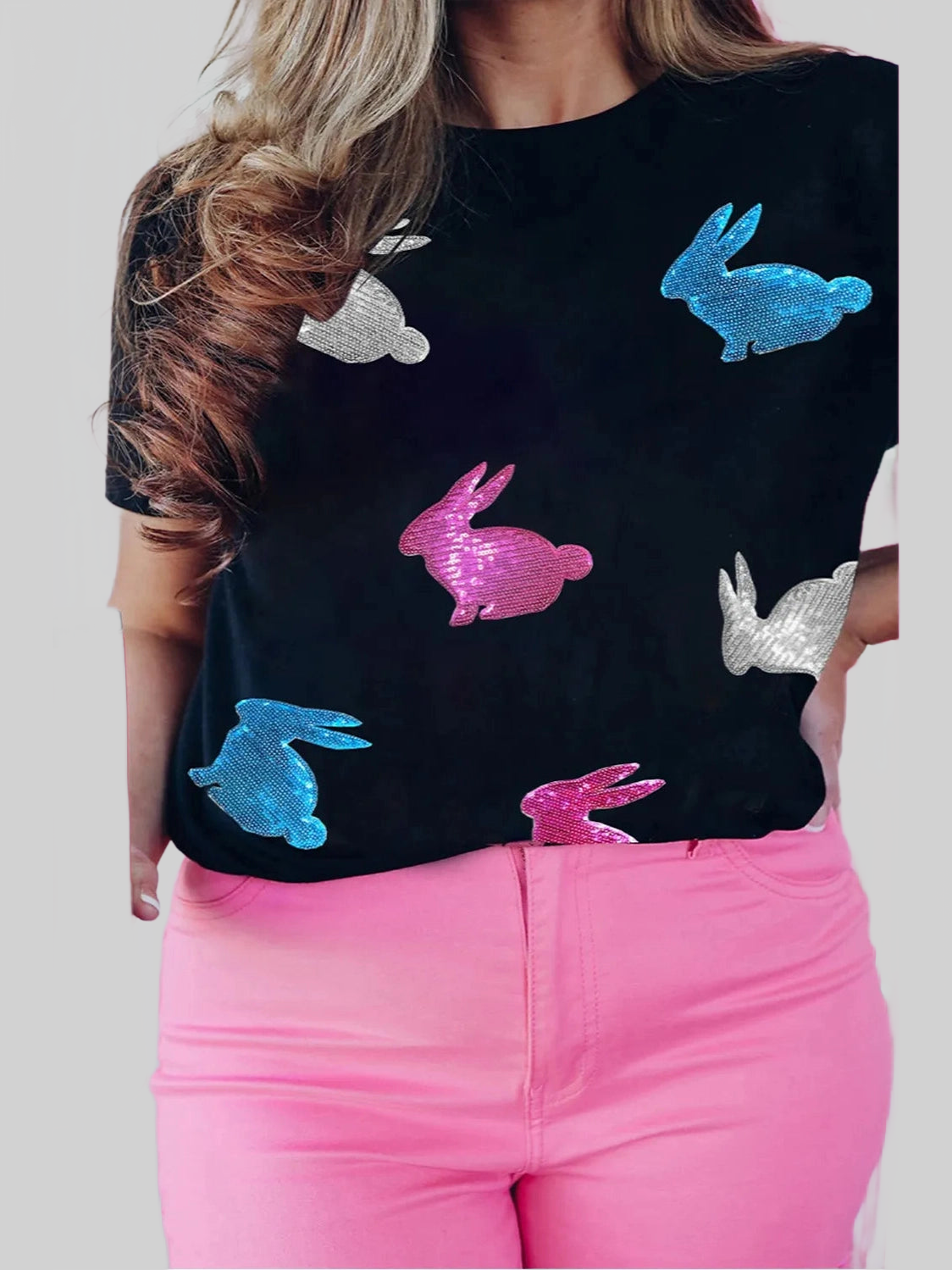 Plus Size Rabbit Round Neck Short Sleeve T-Shirt nicholesgifts