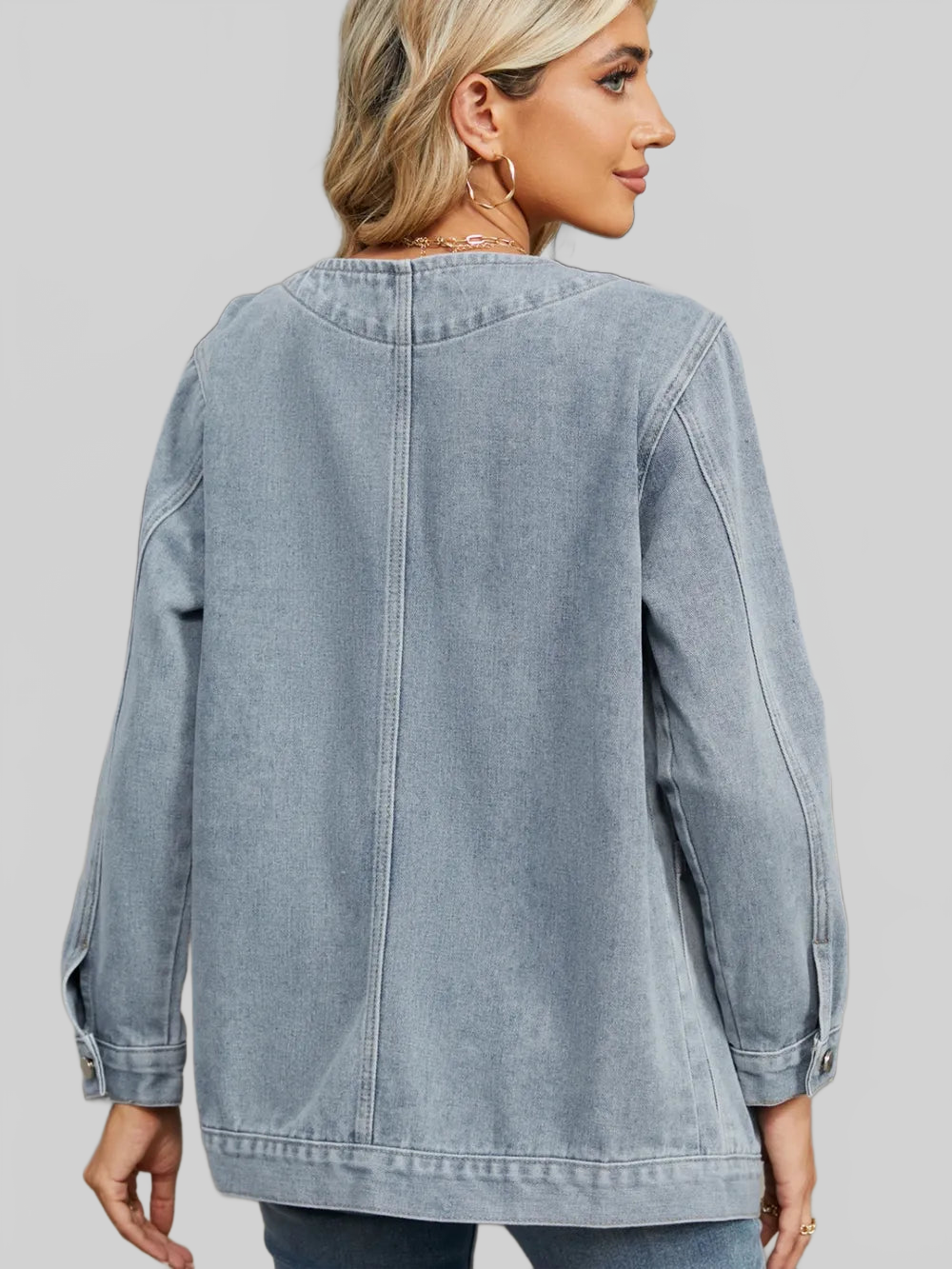 Pocketed V-Neck Button Up Denim Jacket nicholesgifts