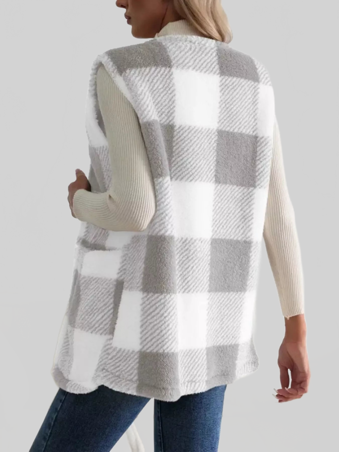 Women Cozy Plaid Sherpa Vest Coat nicholesgifts