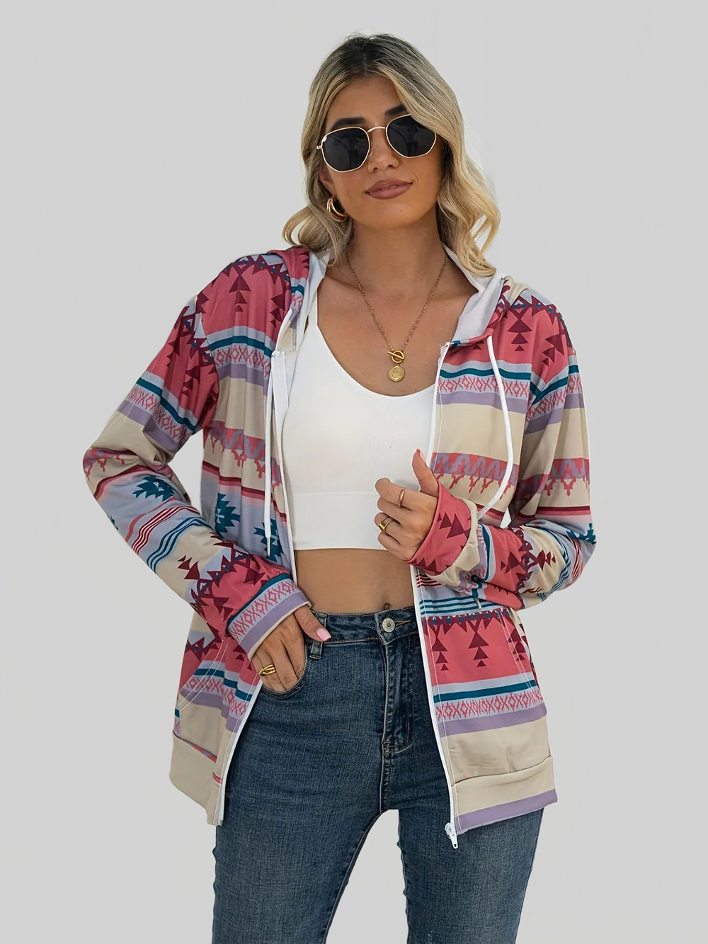 Geometric Zip Up Long Sleeve Hooded Jacket nicholesgifts