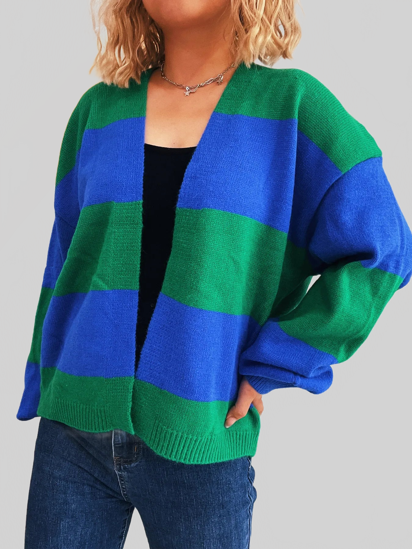 Women Color Block Open Front Cardigan nicholesgifts