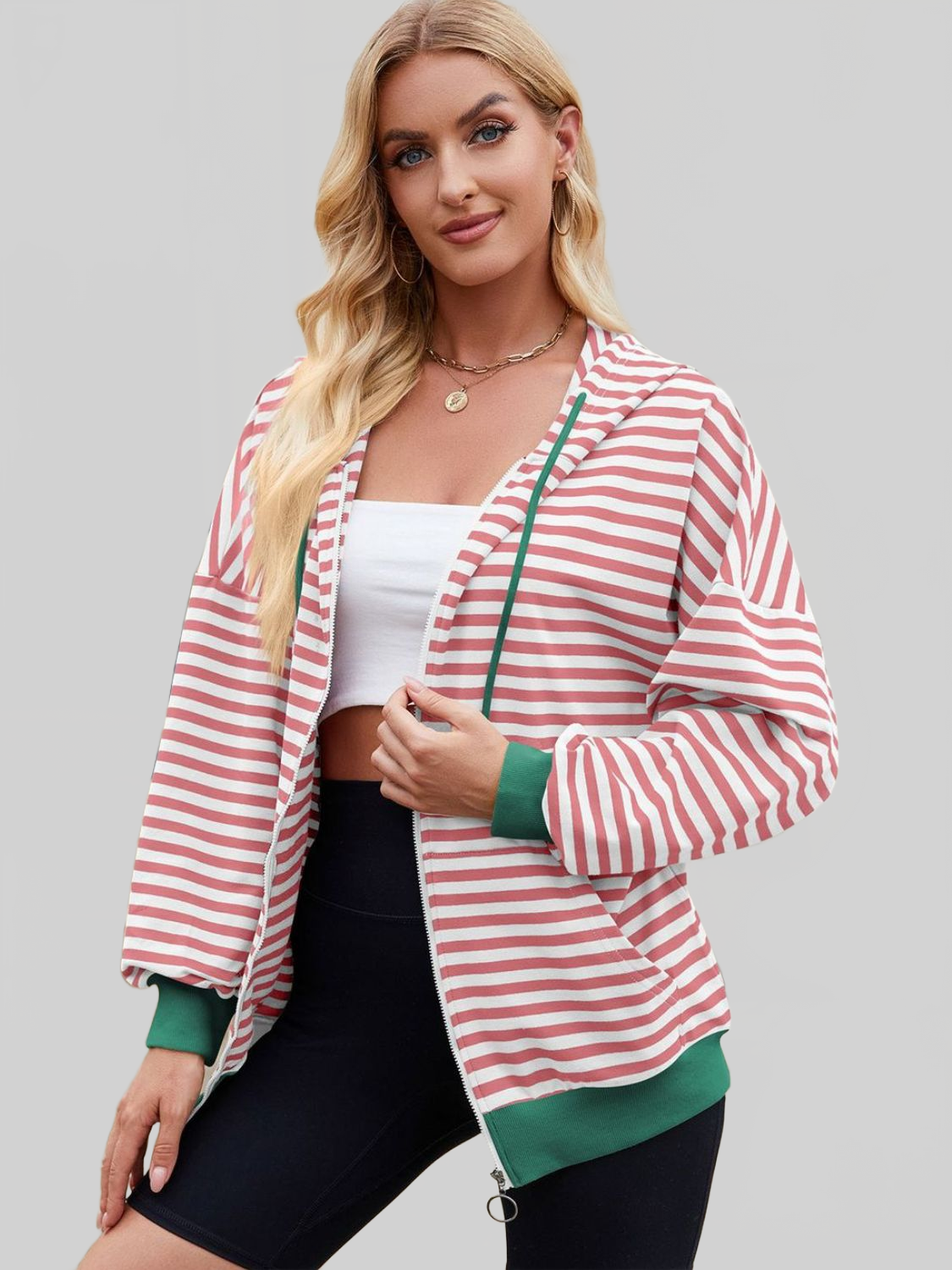 Women Drawstring Striped Zip Up Long Sleeve Hoodie nicholesgifts