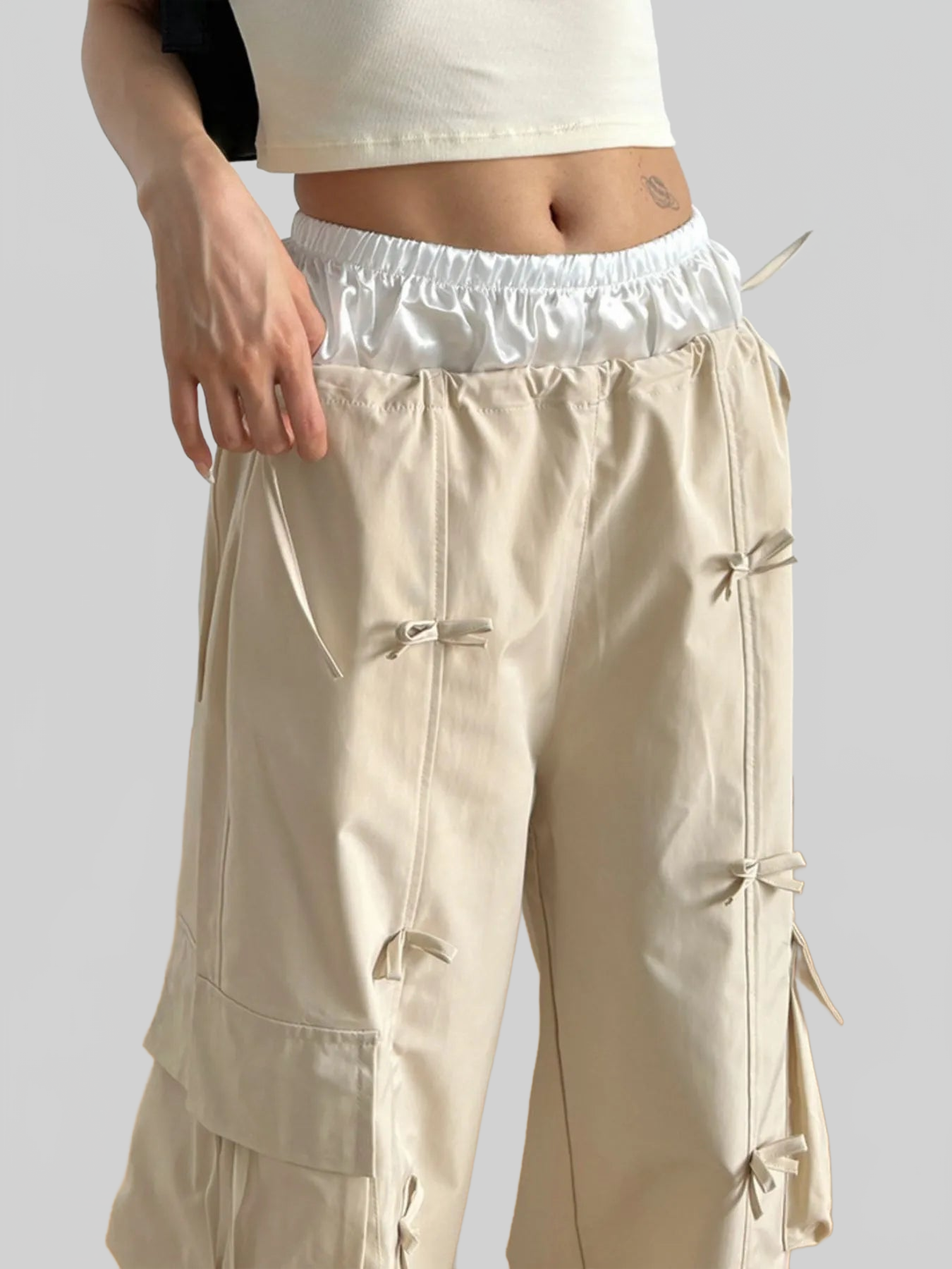 Women Bow Elastic Waist Cargo Pants nicholesgifts