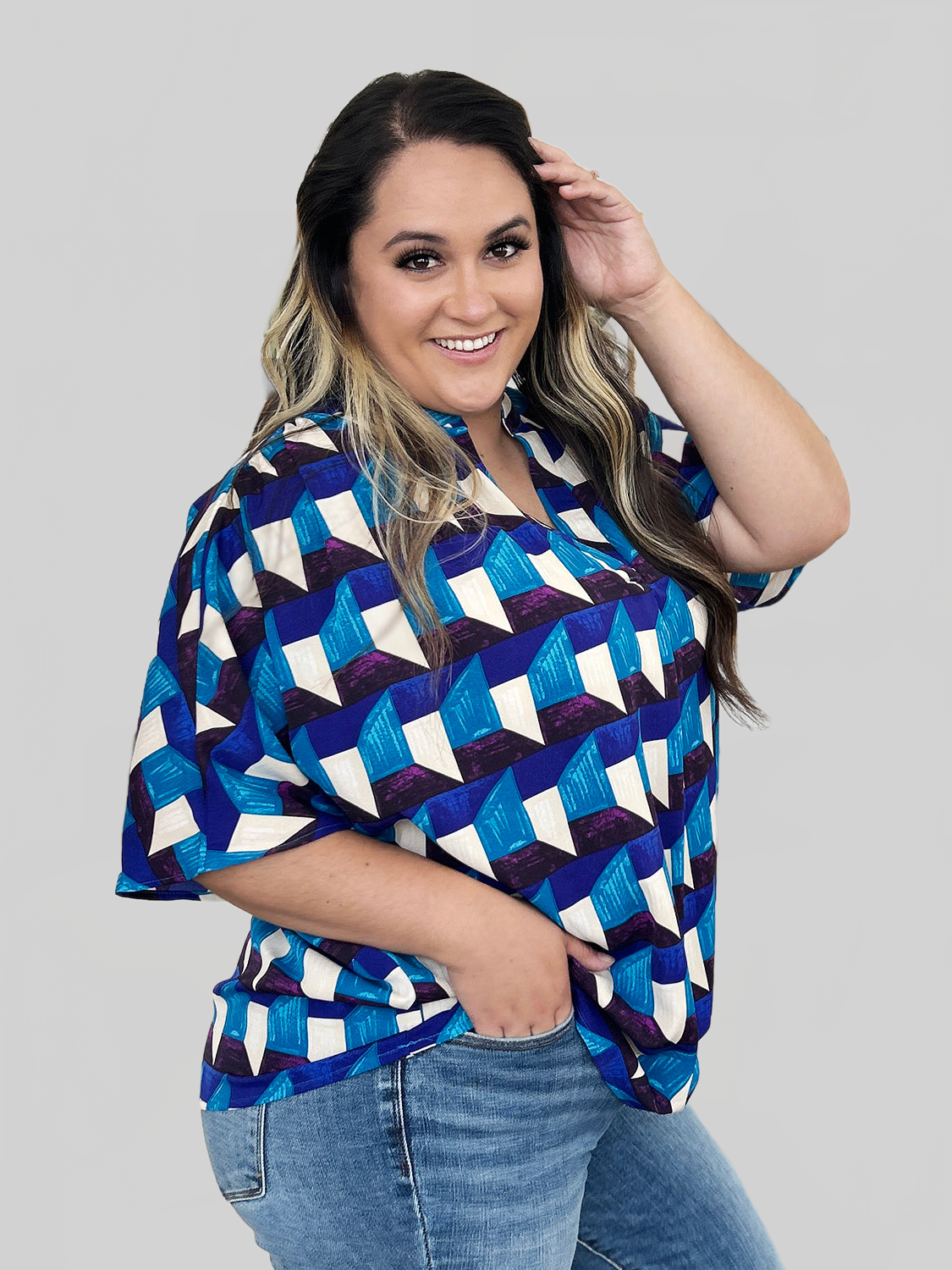 Women Double Take Full Size Geometric Notched Half Sleeve Blouse nicholesgifts