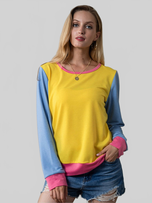 Women Shiny Contrast Round Neck Long Sleeve Top NicholesGifts