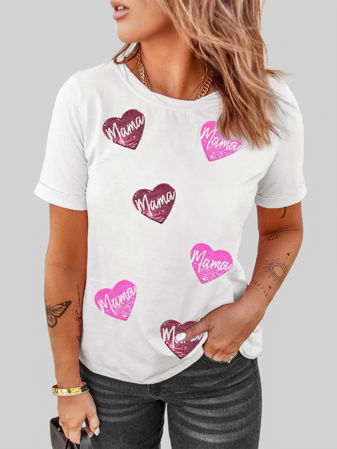 MAMA Heart Shape Sequin Patched Crew Neck T Shirt nicholesgifts