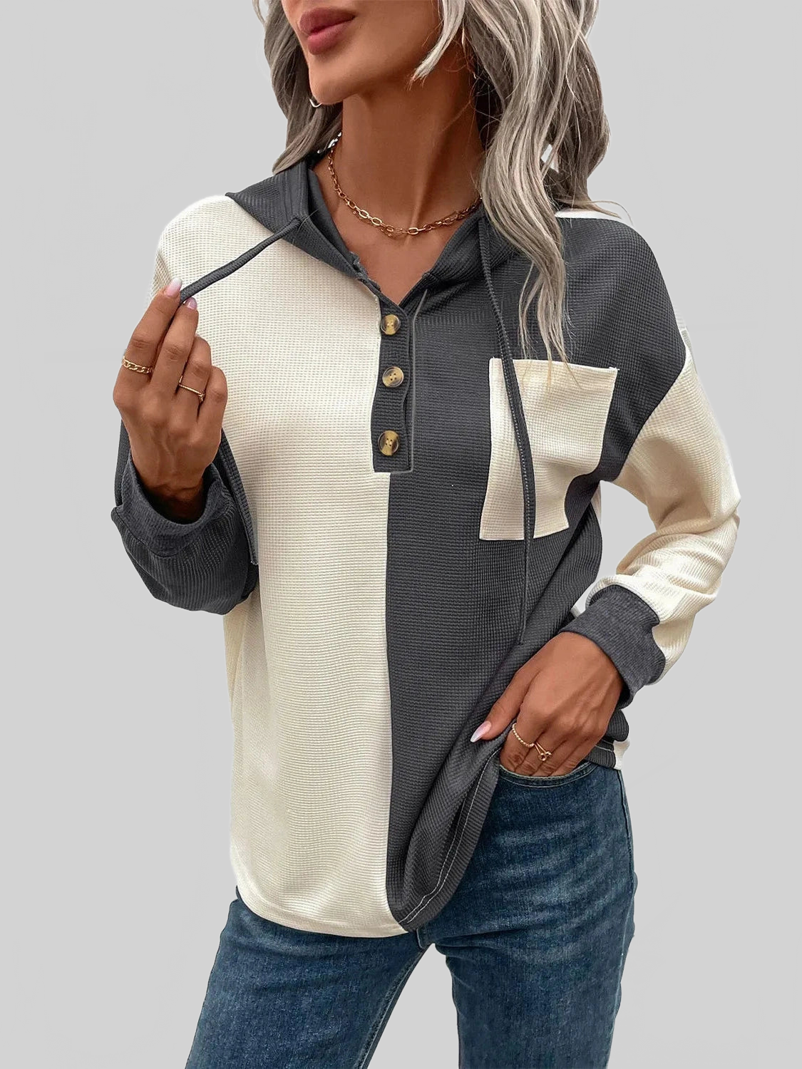 NicholesGifts Women Drawstring Quarter Button Contrast Long Sleeve Hoodie NicholesGifts