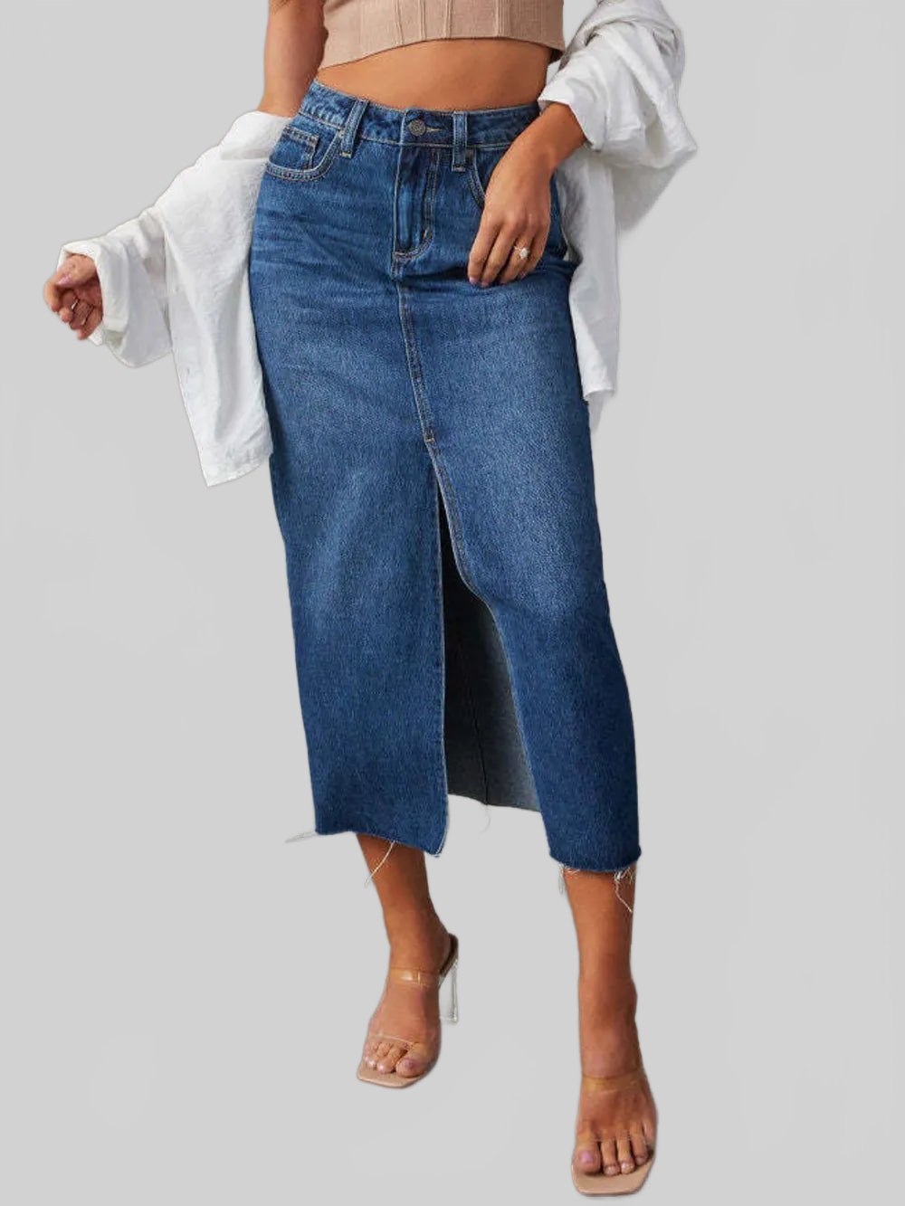 Raw Hem Front Slit Denim Midi Skirt nicholesgifts