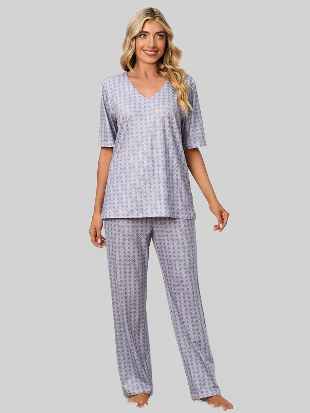 Printed V-Neck Top and Pants Lounge Set nicholesgifts