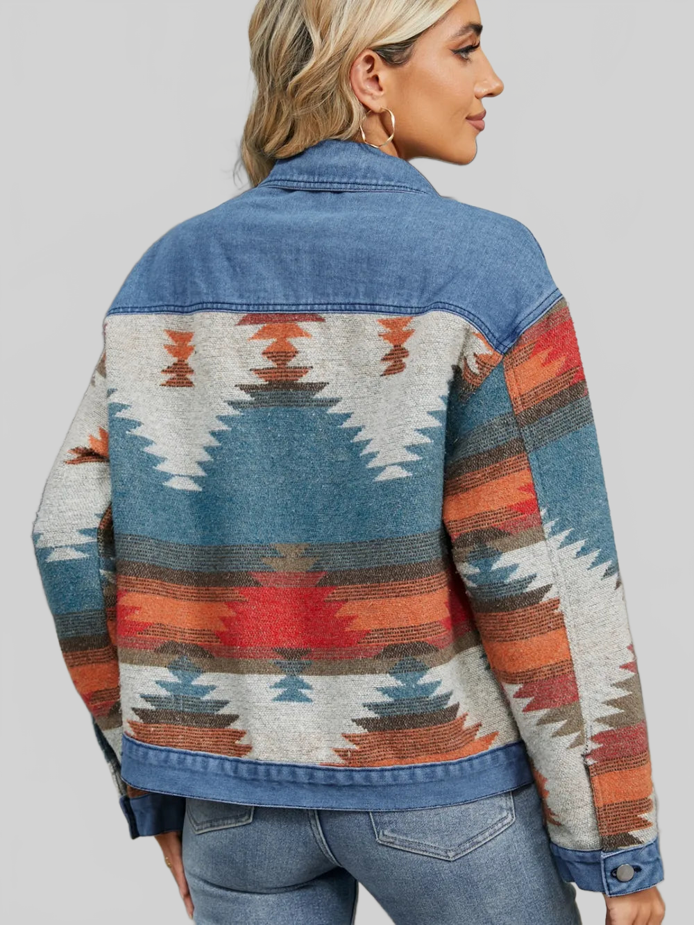 Geometric Button Up Long Sleeve Denim Jacket nicholesgifts