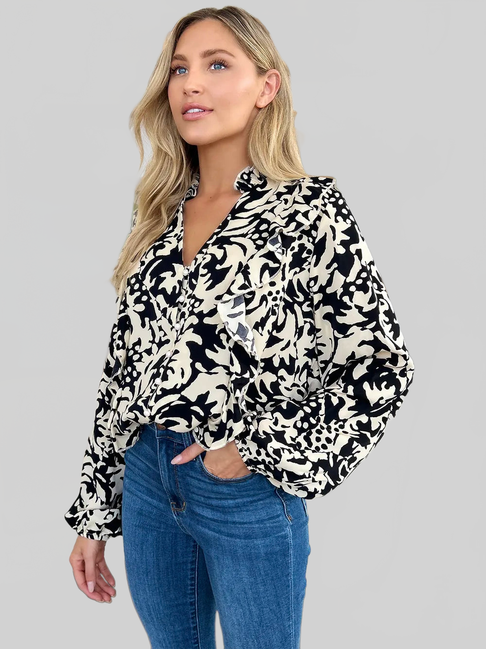 Women Double Take Full Size Printed Ruffle Trim Balloon Sleeve Shirt NicholesGifts