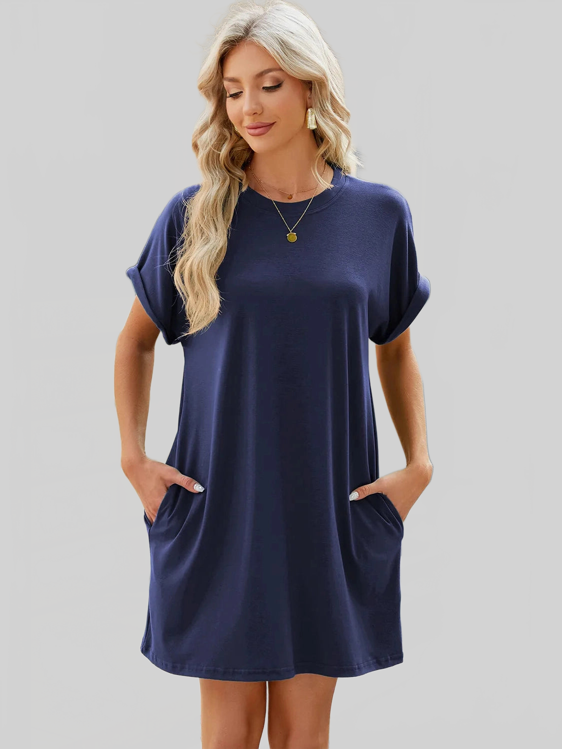 Round Neck Rolled Short Sleeve Tee Dress nicholesgifts