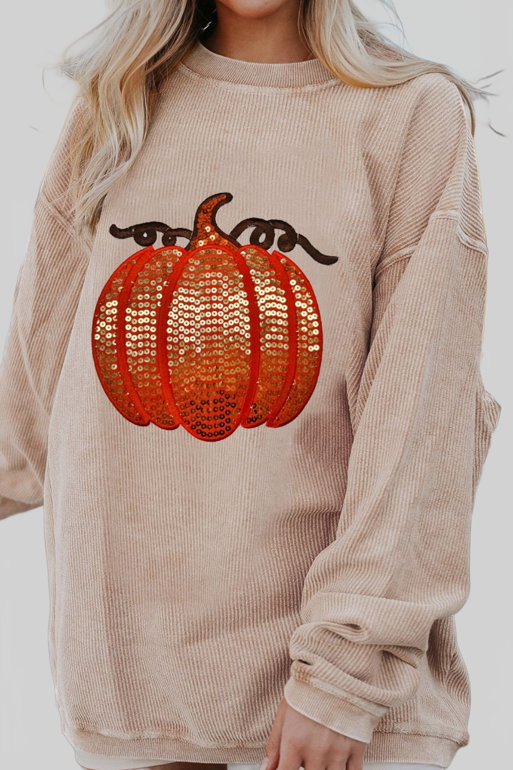 Sequin Pumpkin Round Neck Long Sleeve Sweatshirt nicholesgifts