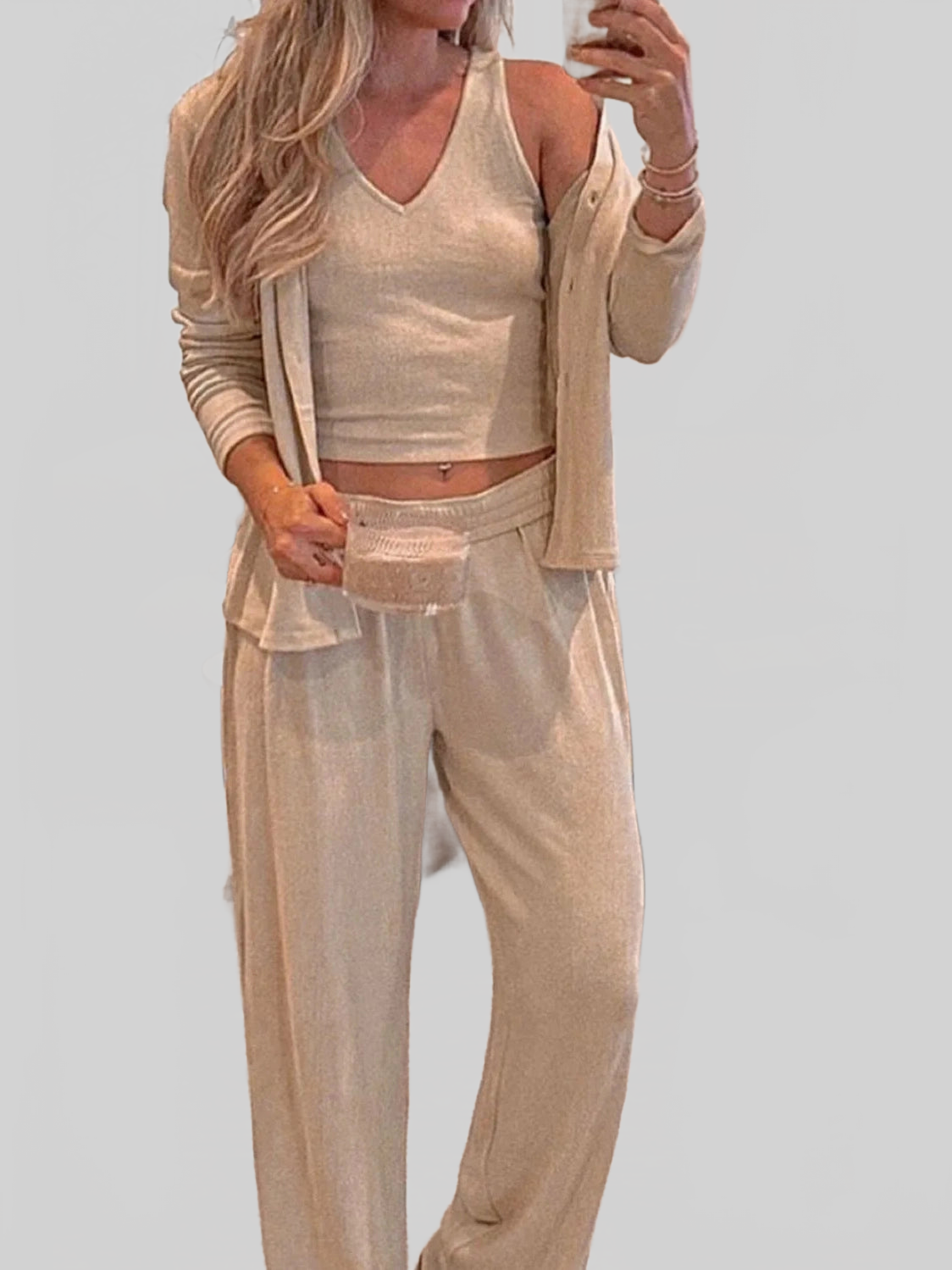 V-Neck Tank, Open Front Cardigan and Pants Lounge Set nicholesgifts
