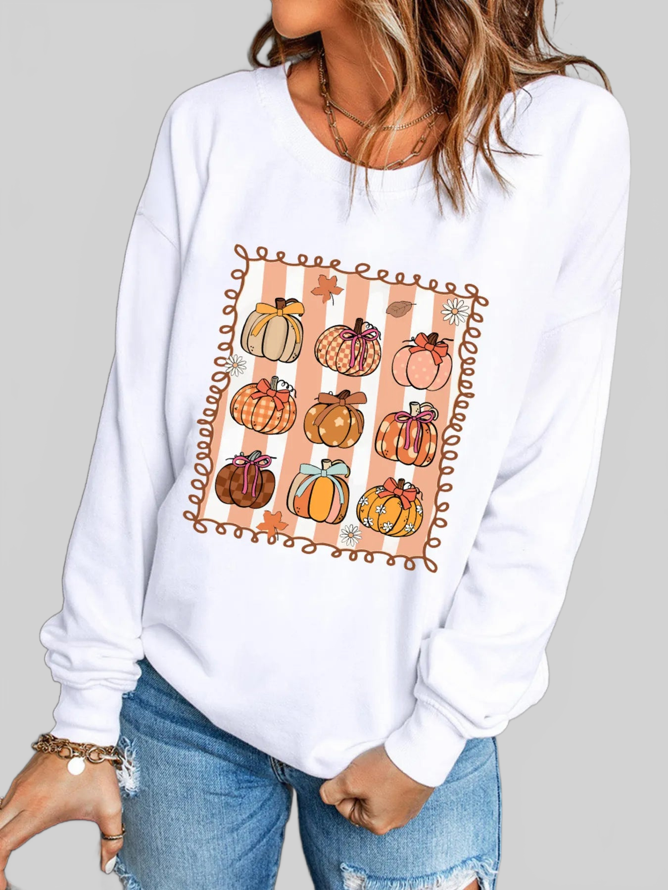 Pumpkin Graphic Round Neck Sweatshirt nicholesgifts