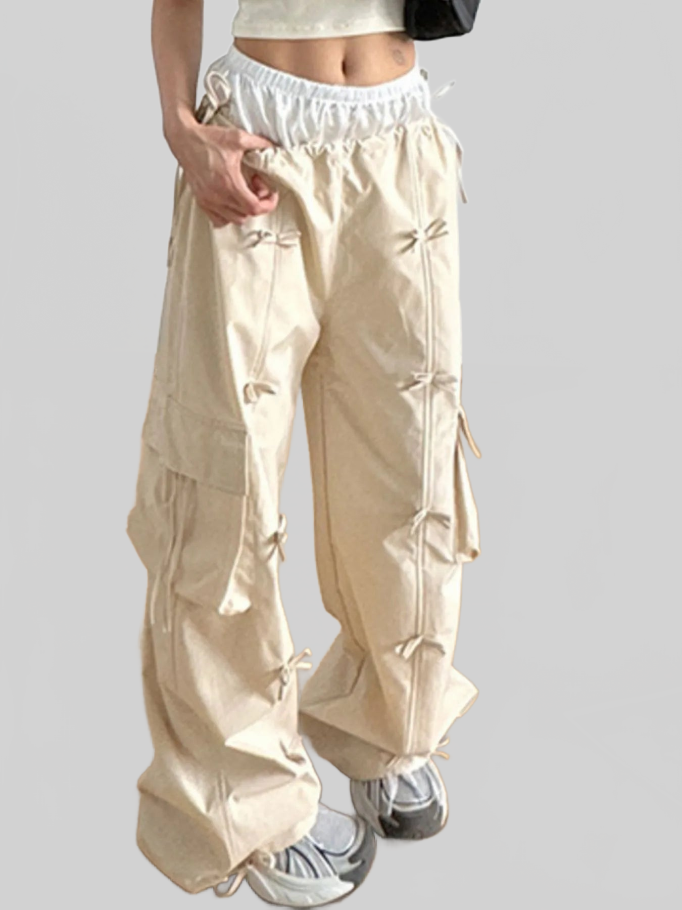 Women Cargo Wide Leg Pants with Bow Tie Details nicholesgifts