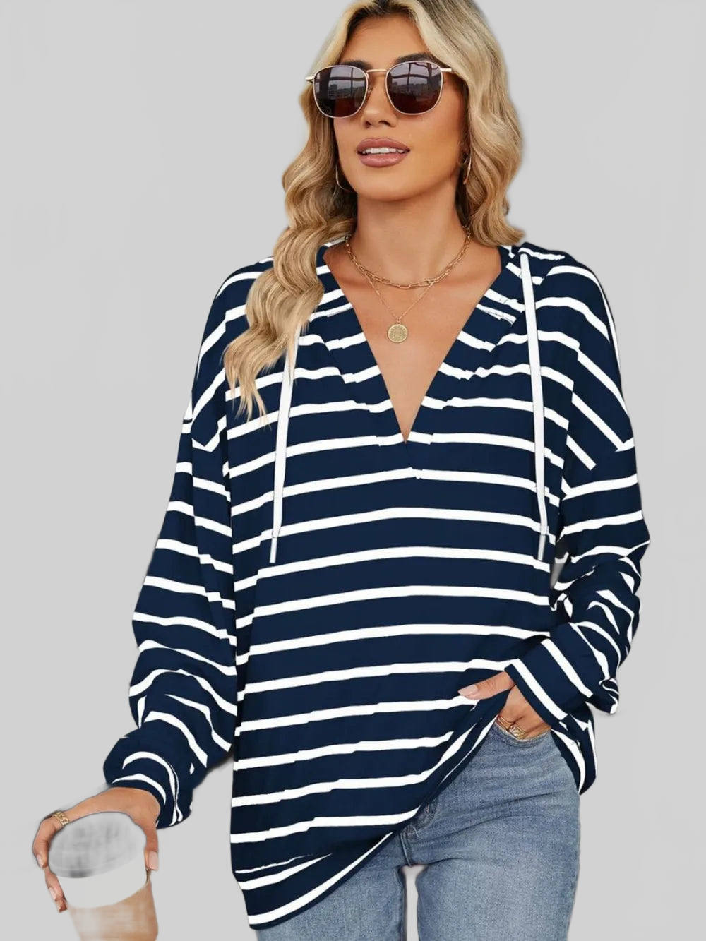 Drawstring Striped Long Sleeve Hoodie NicholesGifts