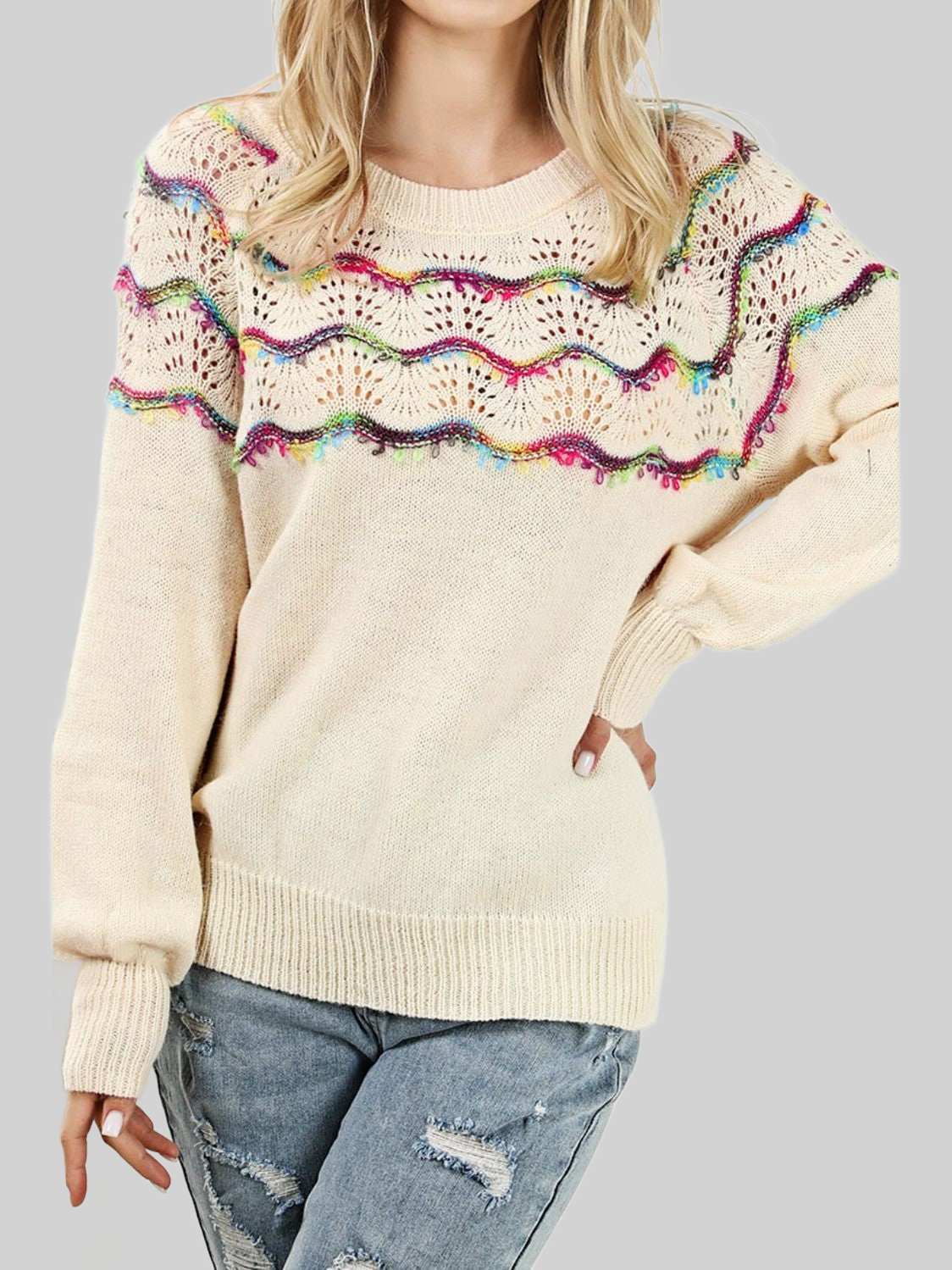 Women Openwork Wavy Striped Round Neck Sweater nicholesgifts