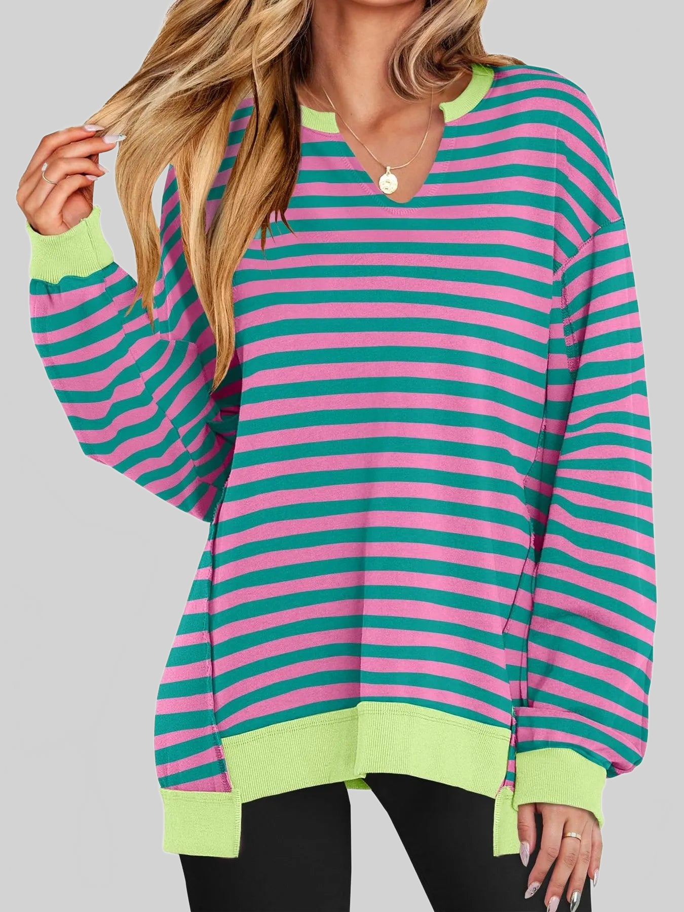 Women Notched Long Sleeve Oversized Sweatshirt nicholesgifts
