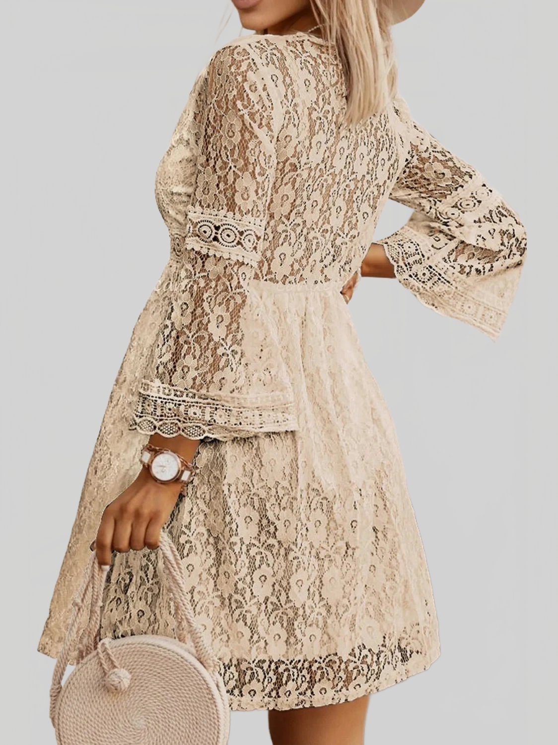 Lace V-Neck Three-Quarter Sleeve Dress nicholesgifts