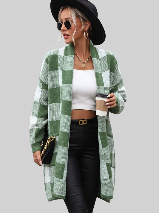Plaid Dropped Shoulder Cardigan with Pocket nicholesgifts