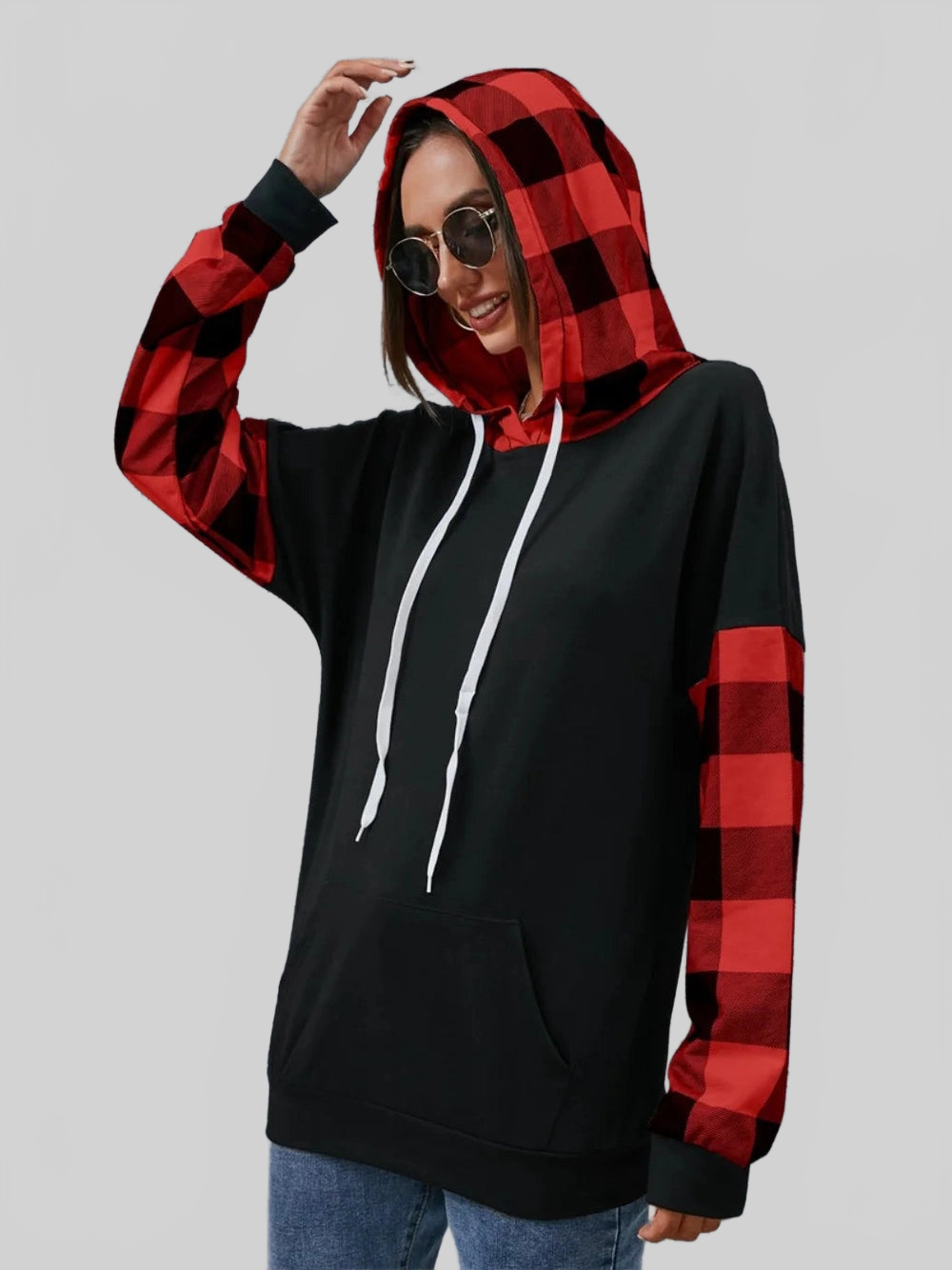 Plaid Drawstring Dropped Shoulder Hoodie NicholesGifts