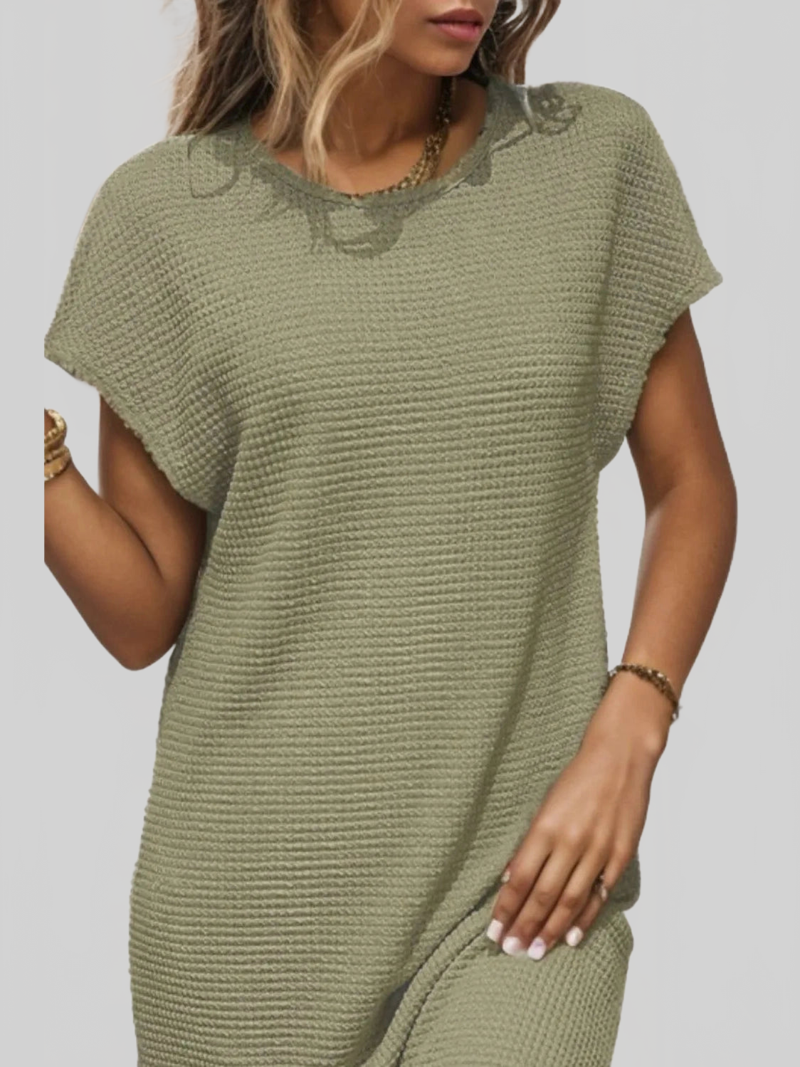 Waffle-Knit Cap Sleeve Knee Length Dress nicholesgifts