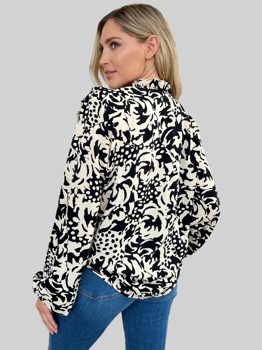 Women Double Take Full Size Printed Ruffle Trim Balloon Sleeve Shirt NicholesGifts