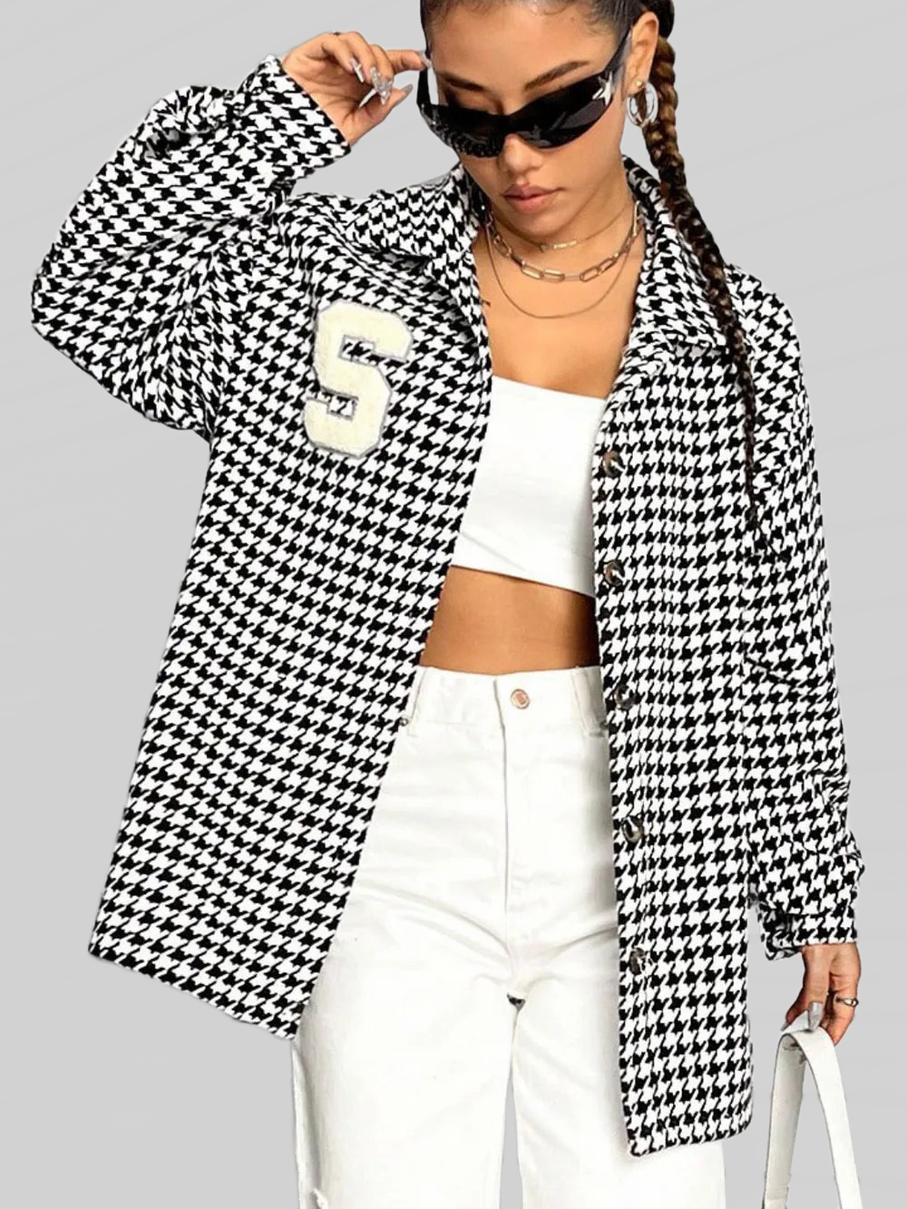 Houndstooth Button Down Long Sleeve Shacket nicholesgifts