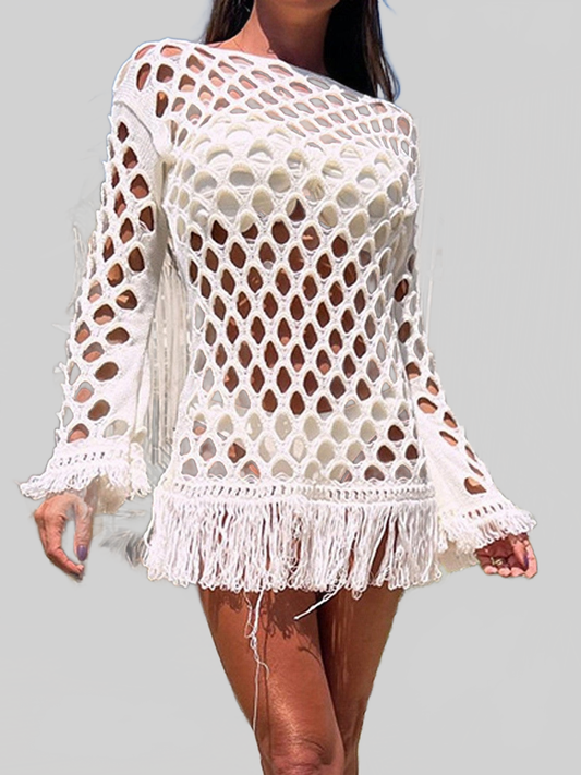 Women Fringe Cutout Long Sleeve Cover Up nicholesgifts