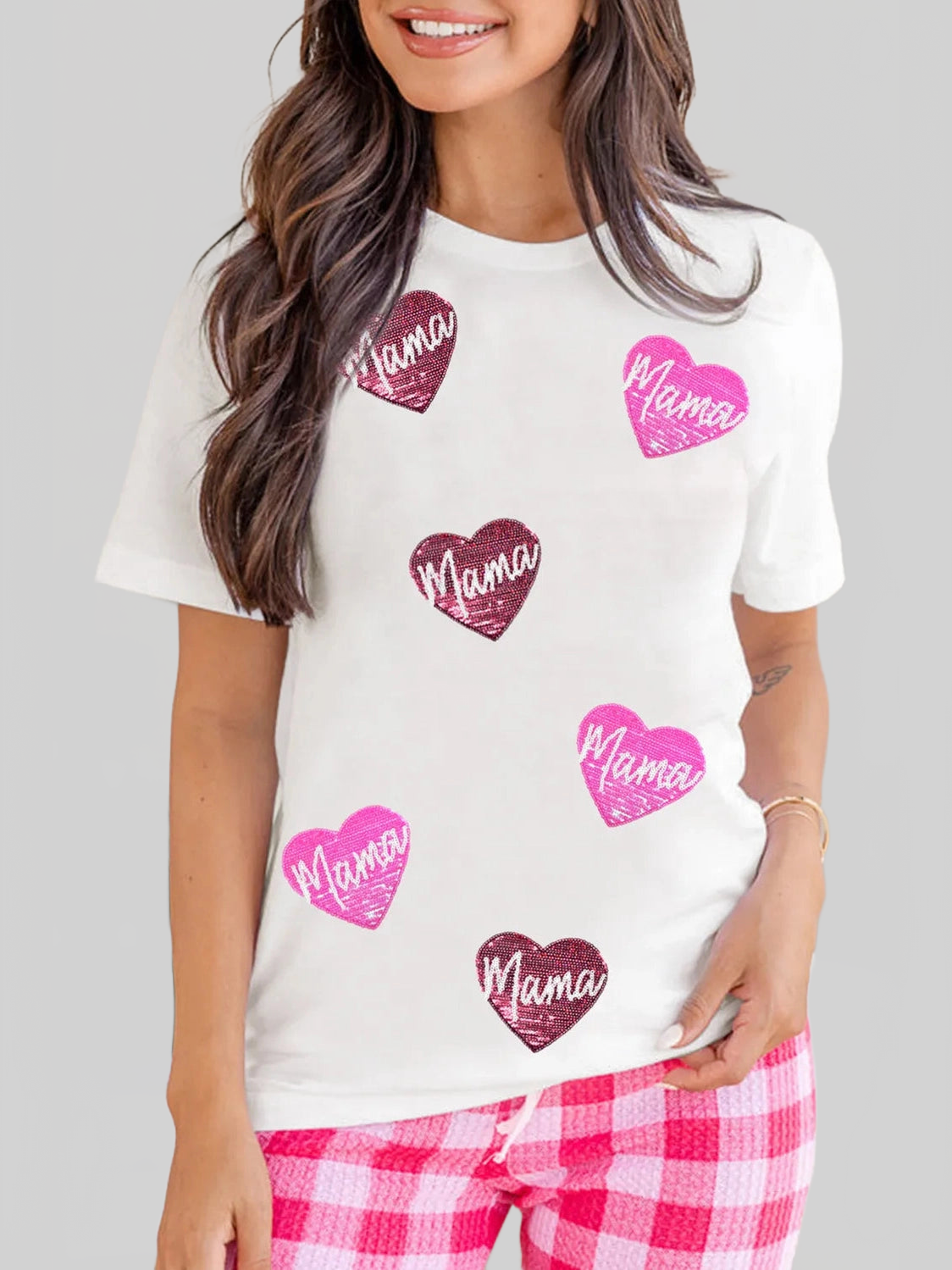 MAMA Heart Shape Sequin Patched Crew Neck T Shirt nicholesgifts