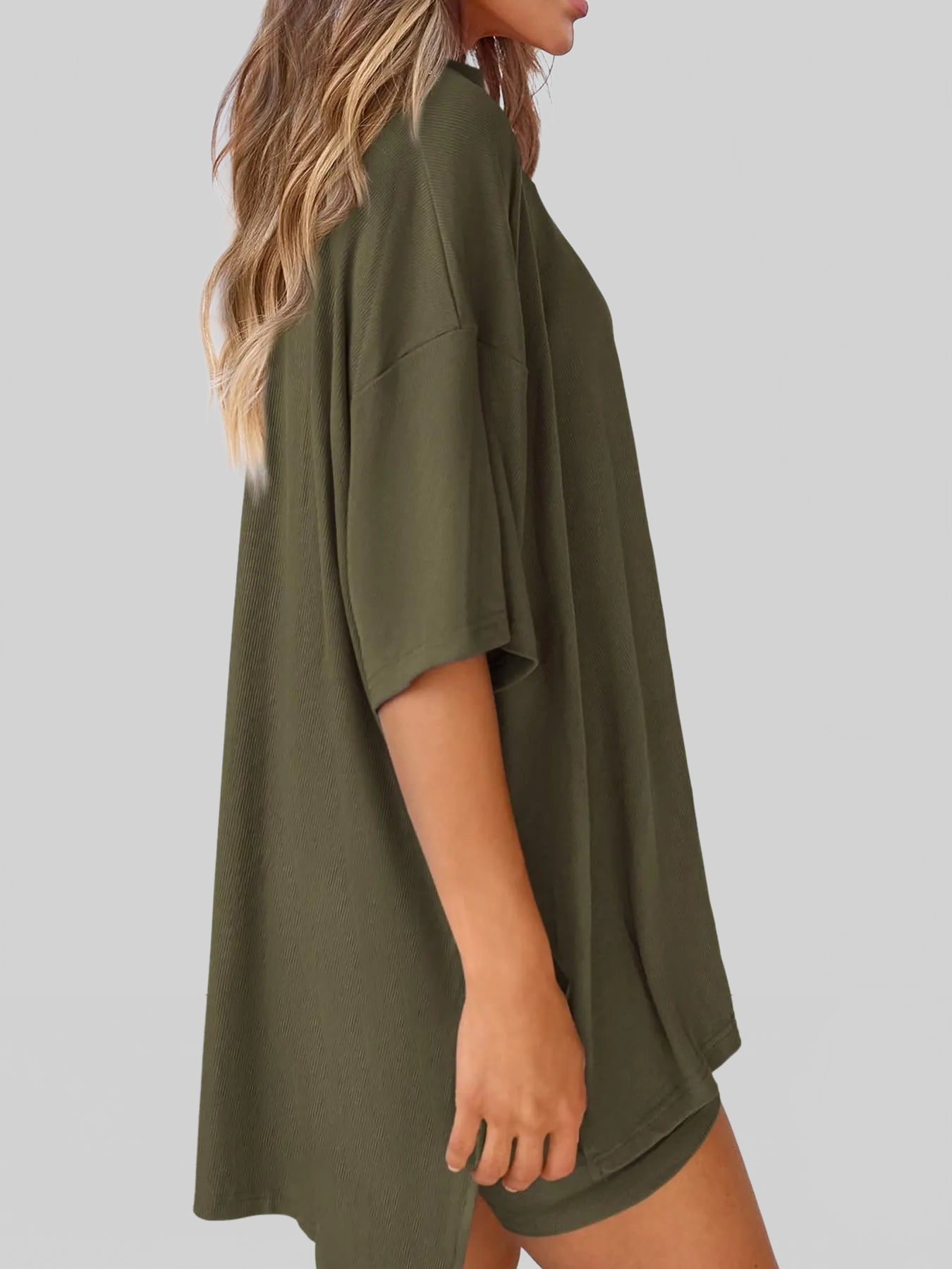 Full Size Oversized Slit Round Neck Top and Shorts Lounge Set Plus Size nicholesgifts