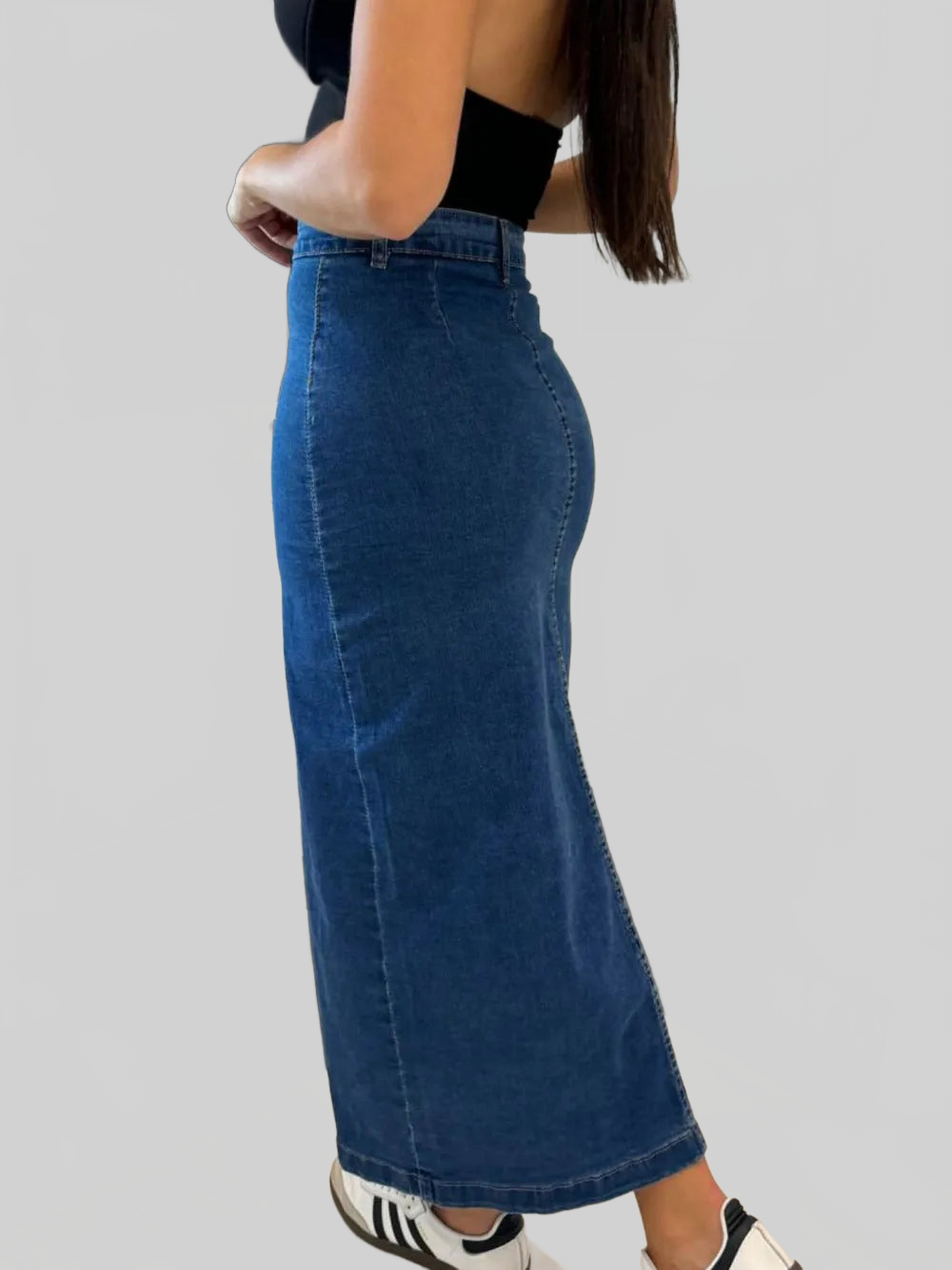 Front Button Slit Midi Denim Skirt nicholesgifts