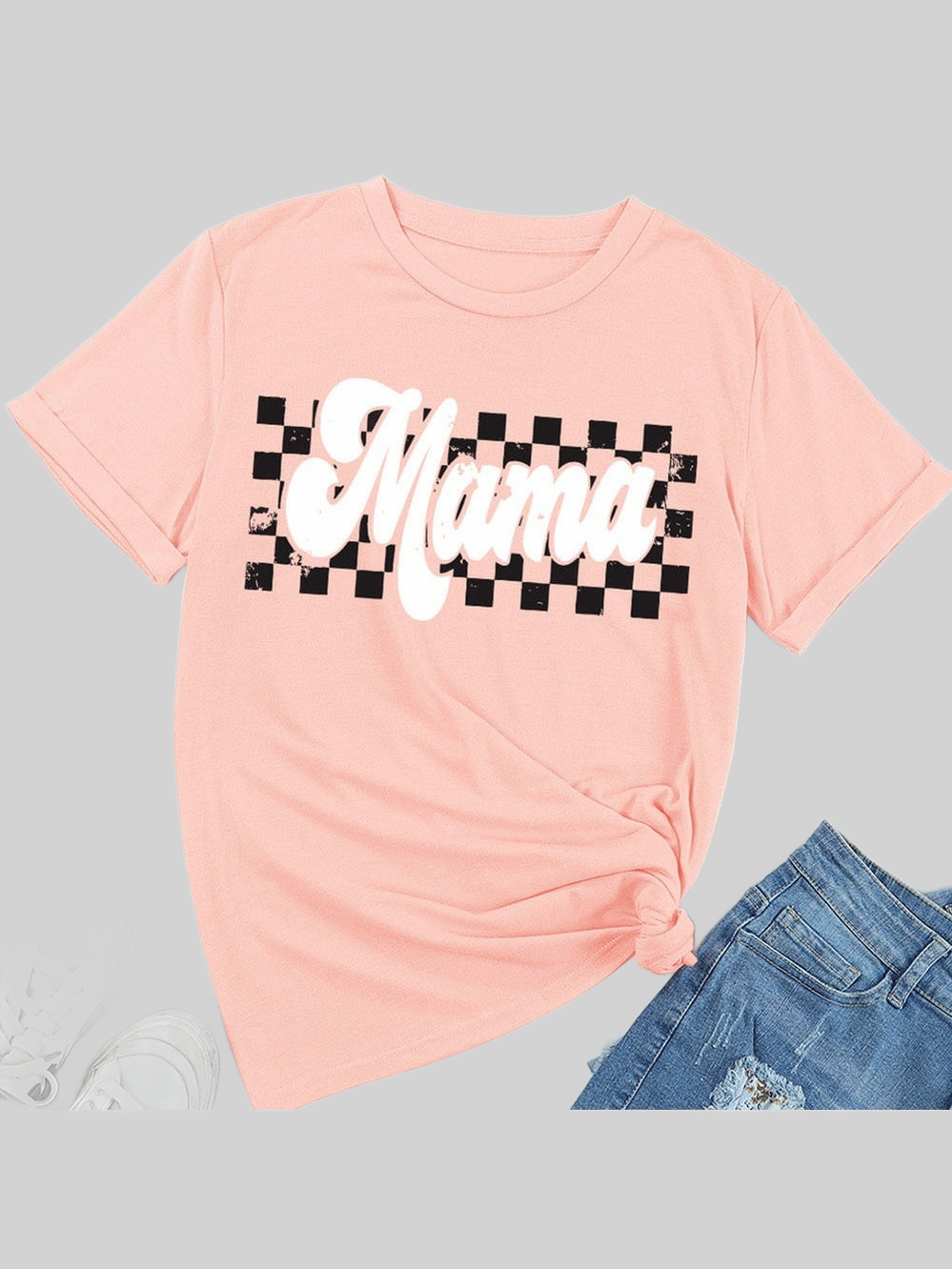 Women MAMA Round Neck Short Sleeve Peach Colored T-Shirt nicholesgifts