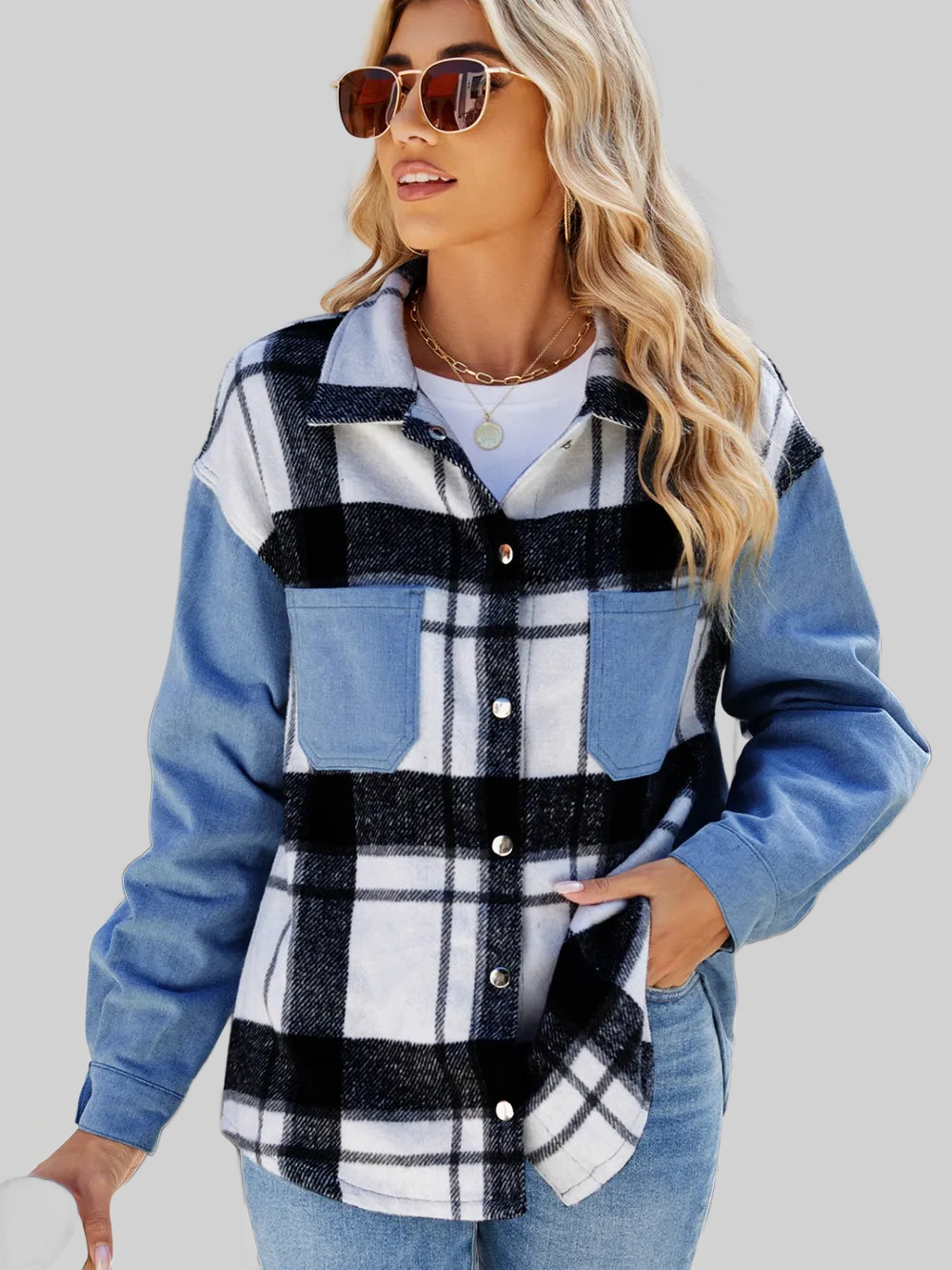 Pocketed Plaid Snap Down Denim Jacket nicholesgifts