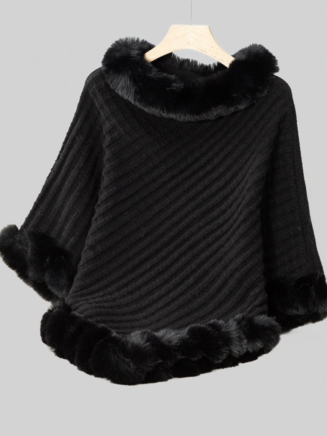 Women Fuzzy Trim Texture Three-Quarter Sleeve Poncho nicholesgifts