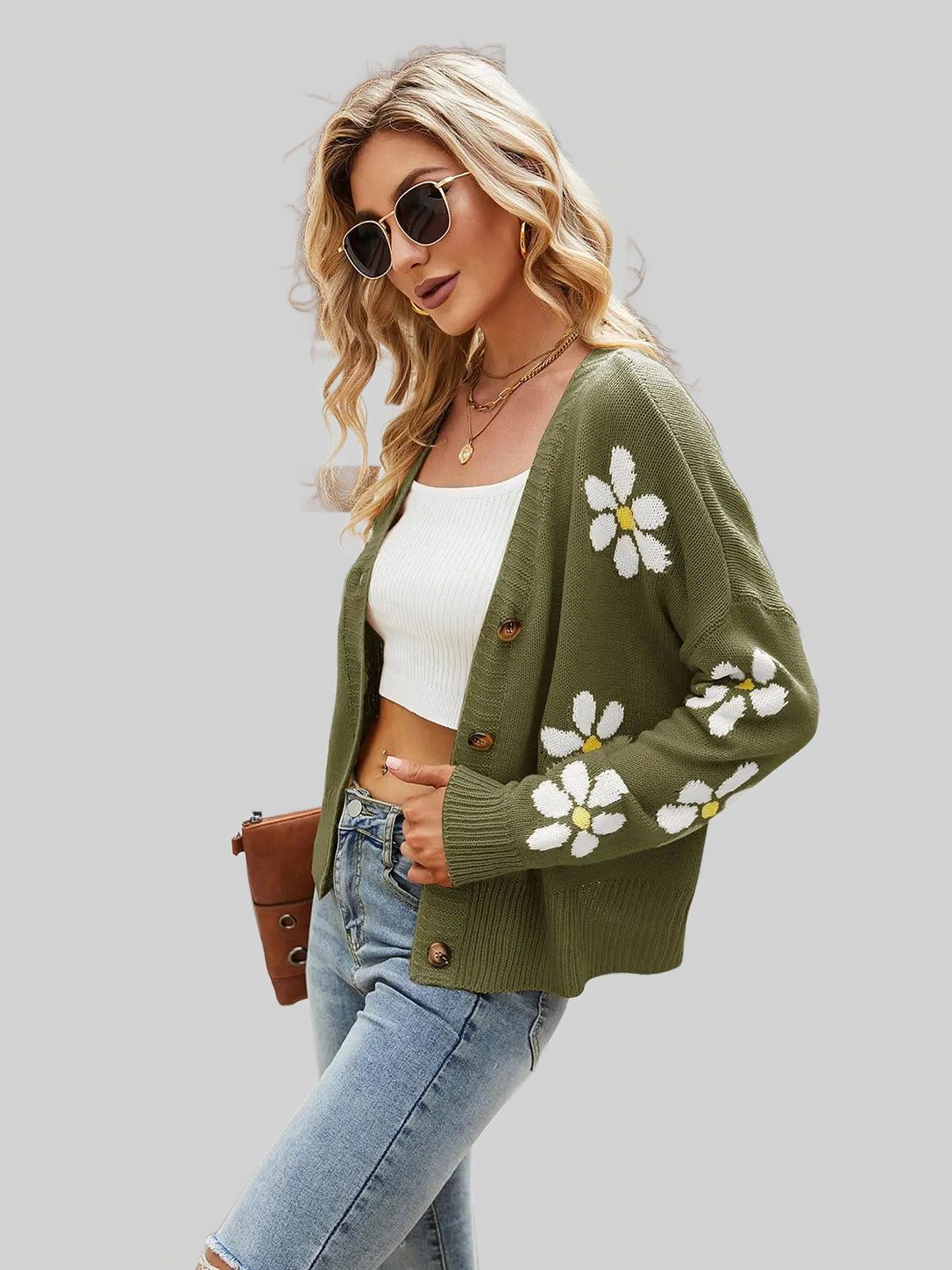 Women Flower Pattern Button Front Cardigan nicholesgifts