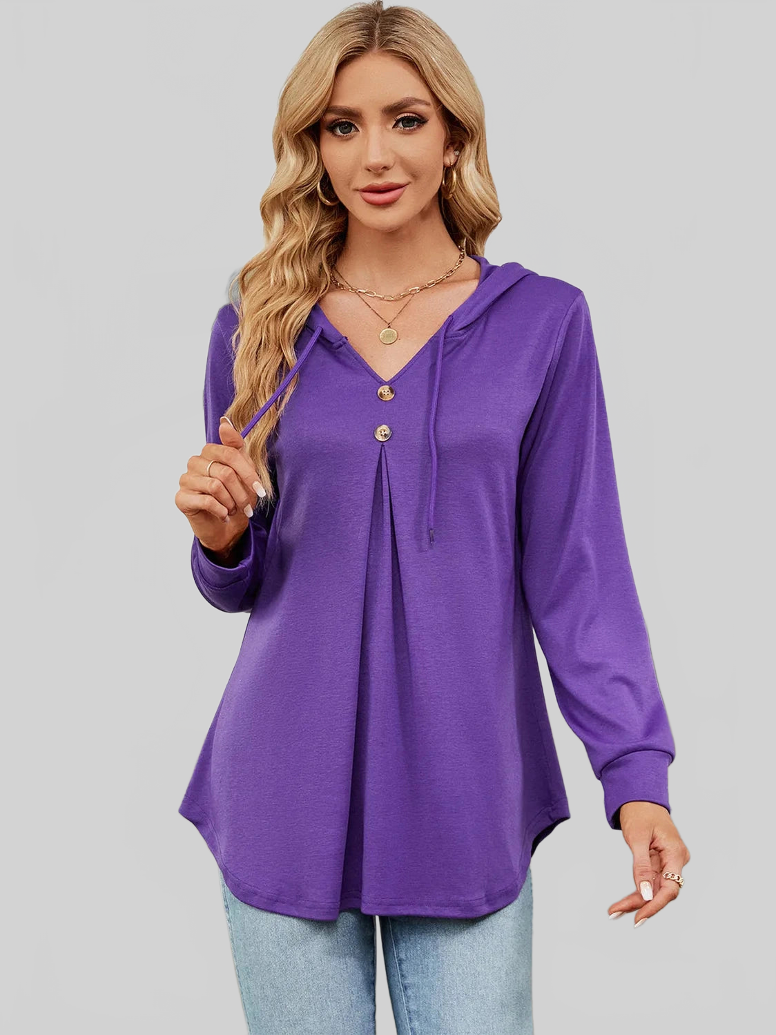 Decorative Button Drawstring Long Sleeve Hoodie NicholesGifts