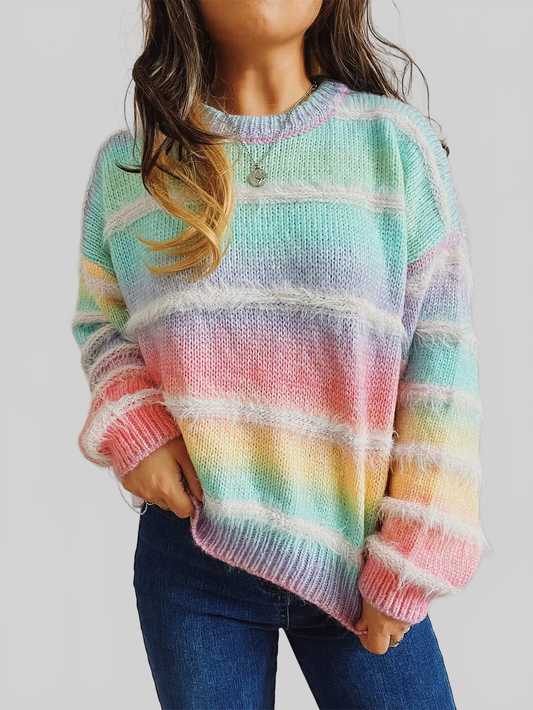 Women Striped Round Neck Long Sleeve Pullover Sweater nicholesgifts