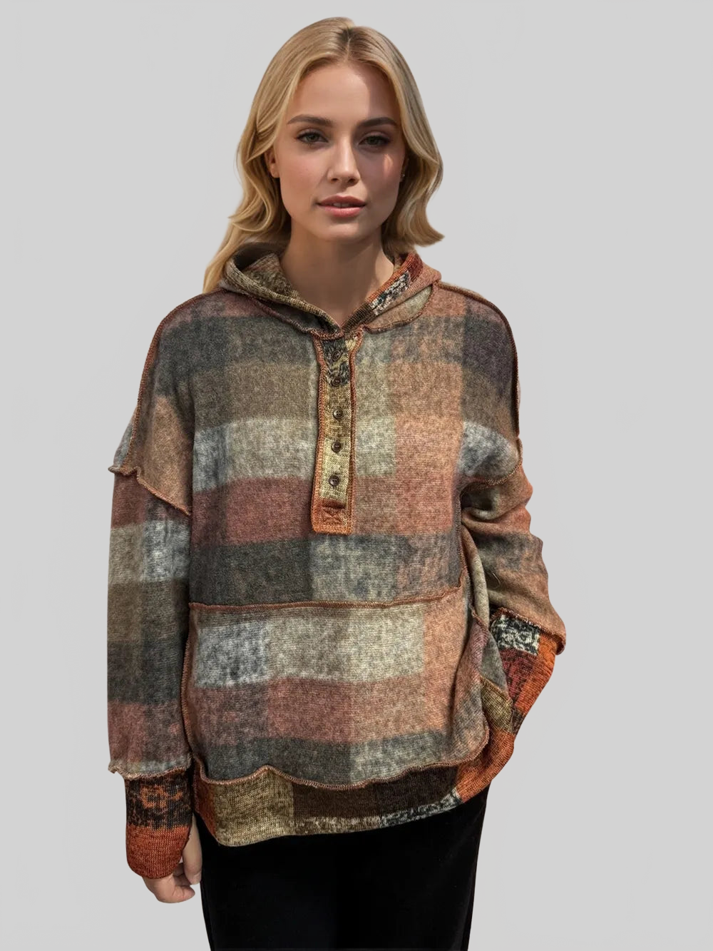 Double Take Full Size Plaid Dropped Shoulder Fleece Hoodie NicholesGifts